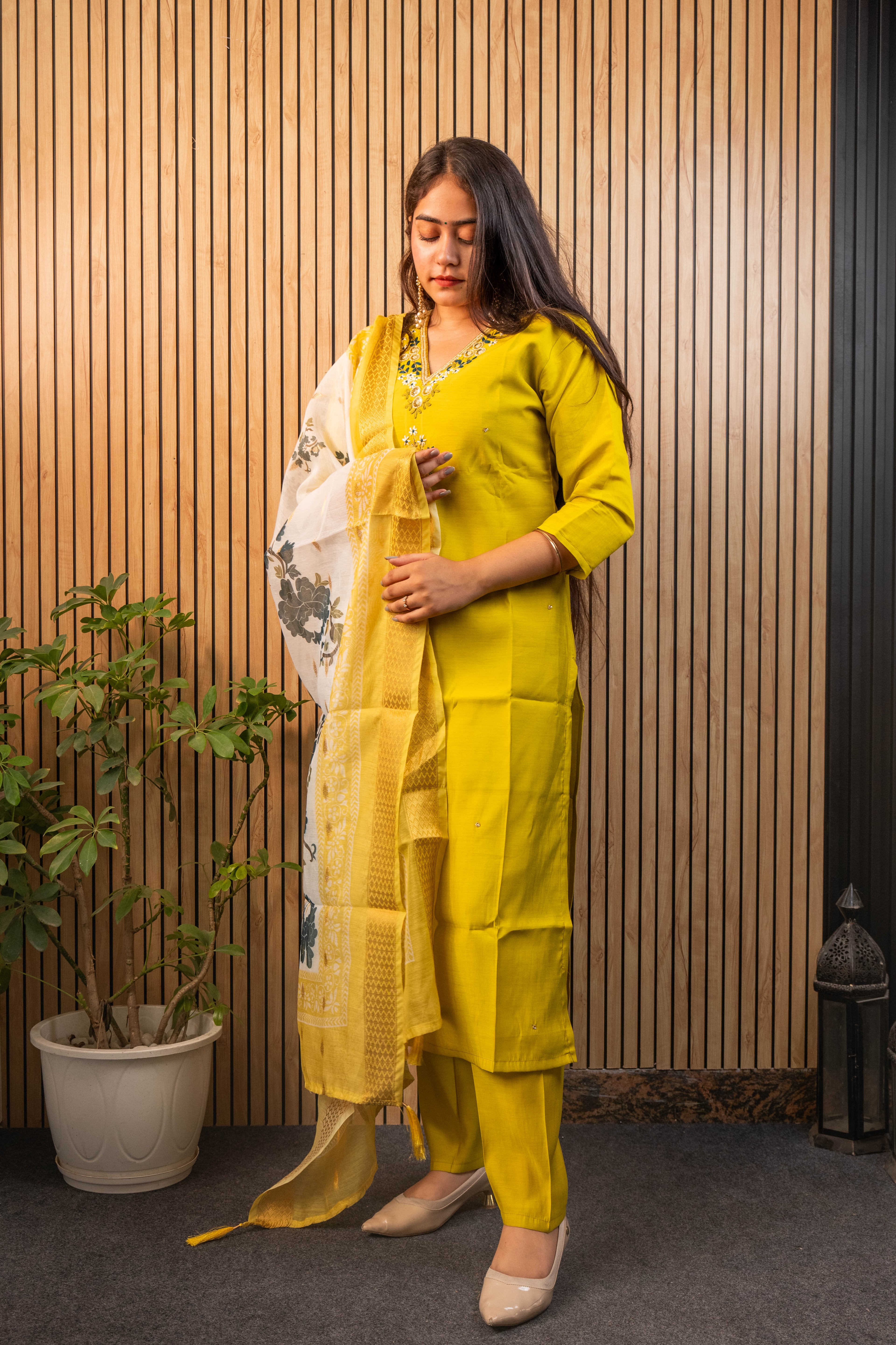 Parrot Green Suit Set with Chanderi Dupatta & Handwork Detailing