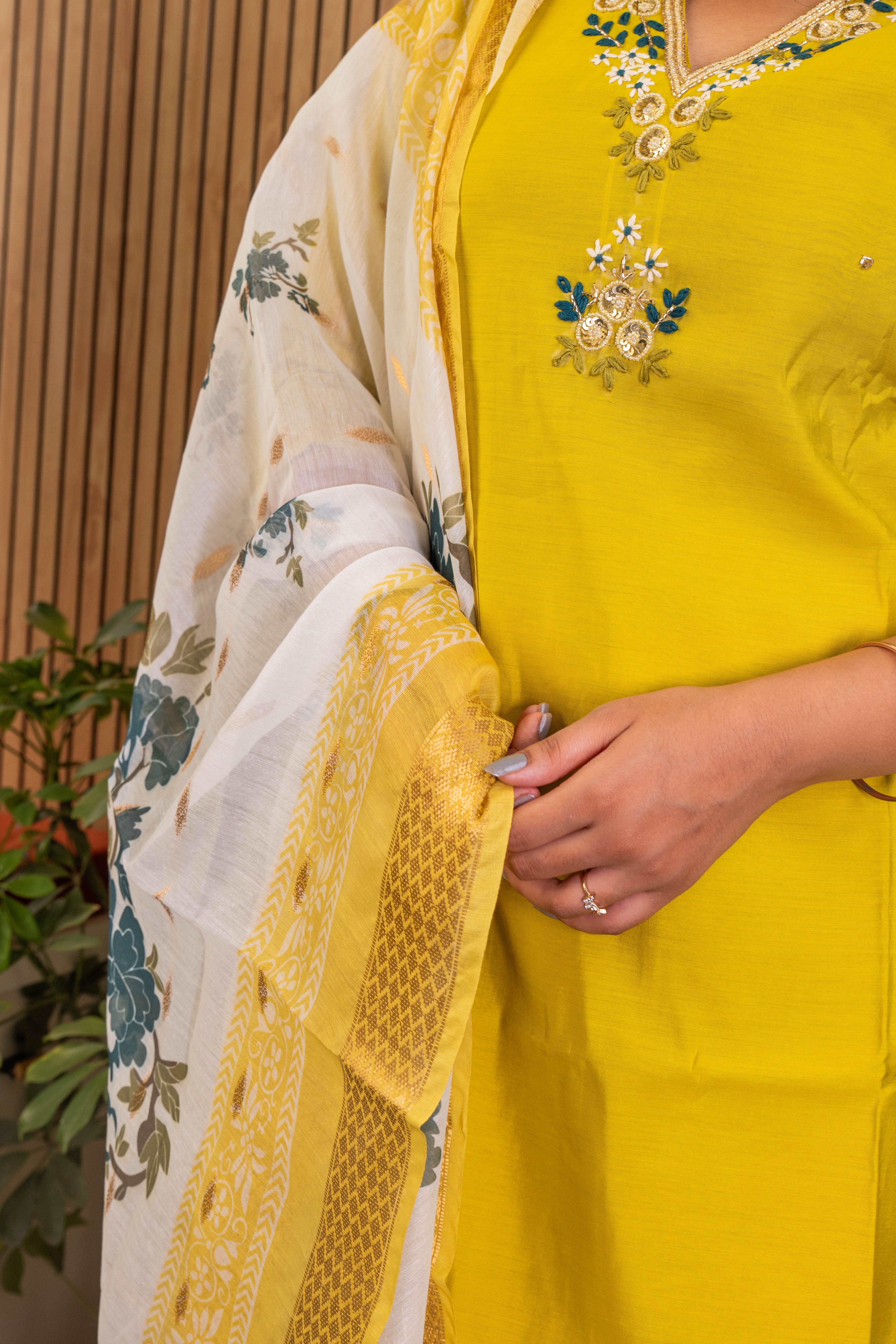 Parrot Green Suit Set with Chanderi Dupatta & Handwork Detailing