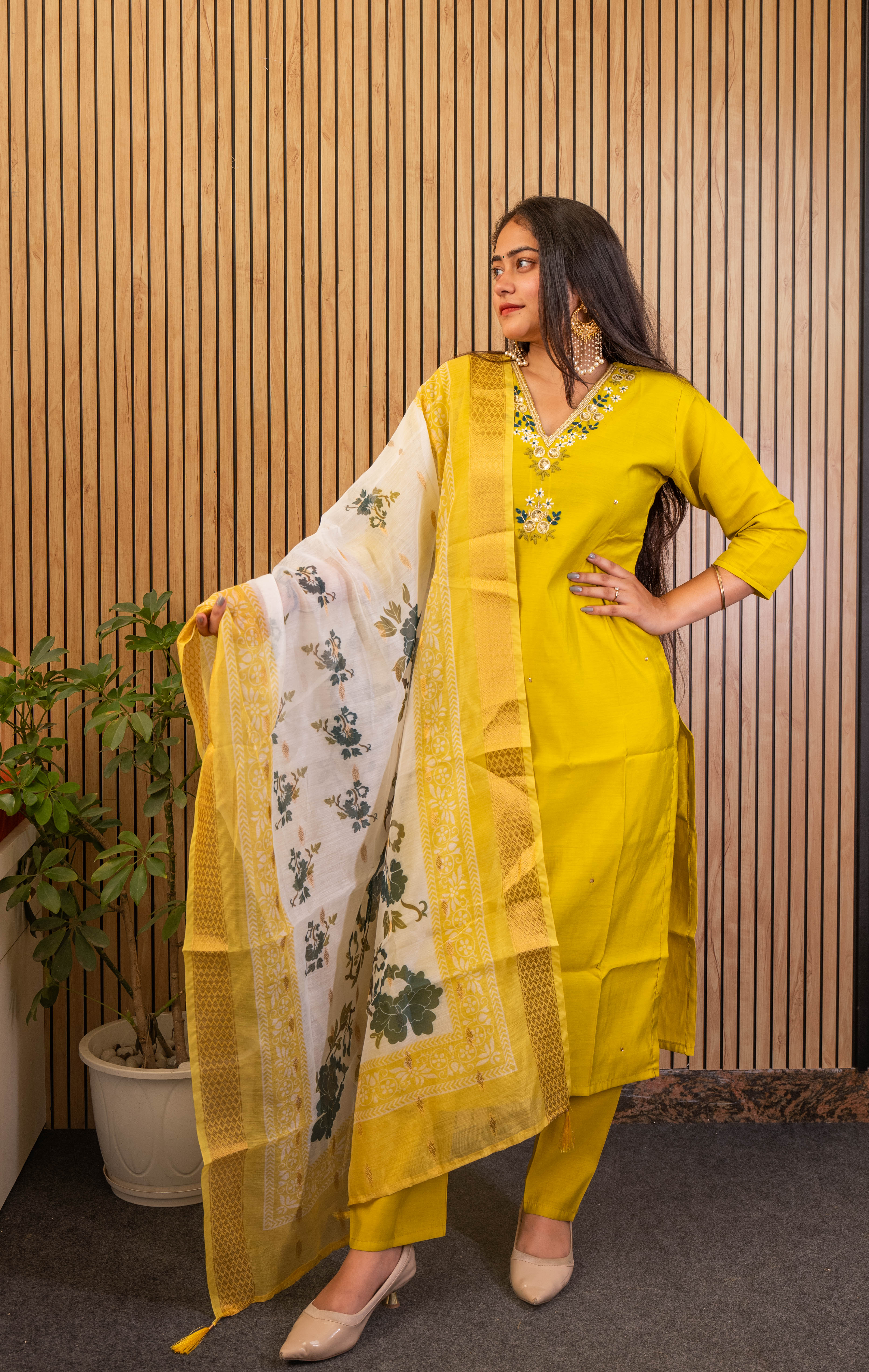 Parrot Green Suit Set with Chanderi Dupatta & Handwork Detailing