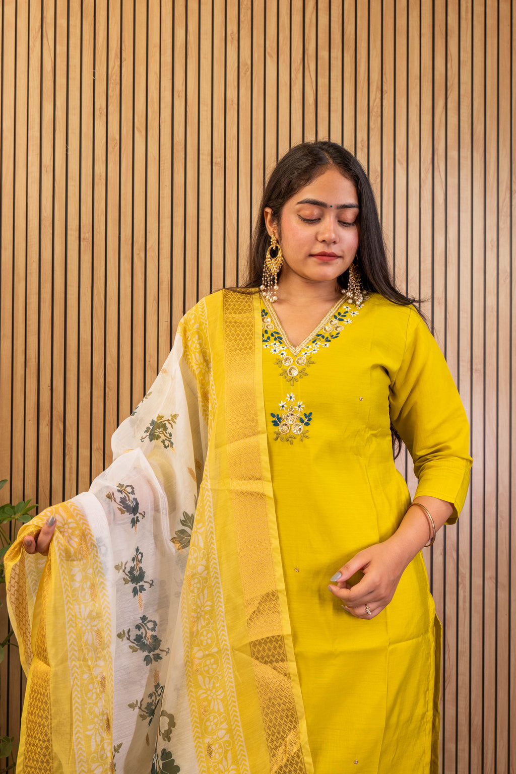 Parrot Green Suit Set with Chanderi Dupatta & Handwork Detailing