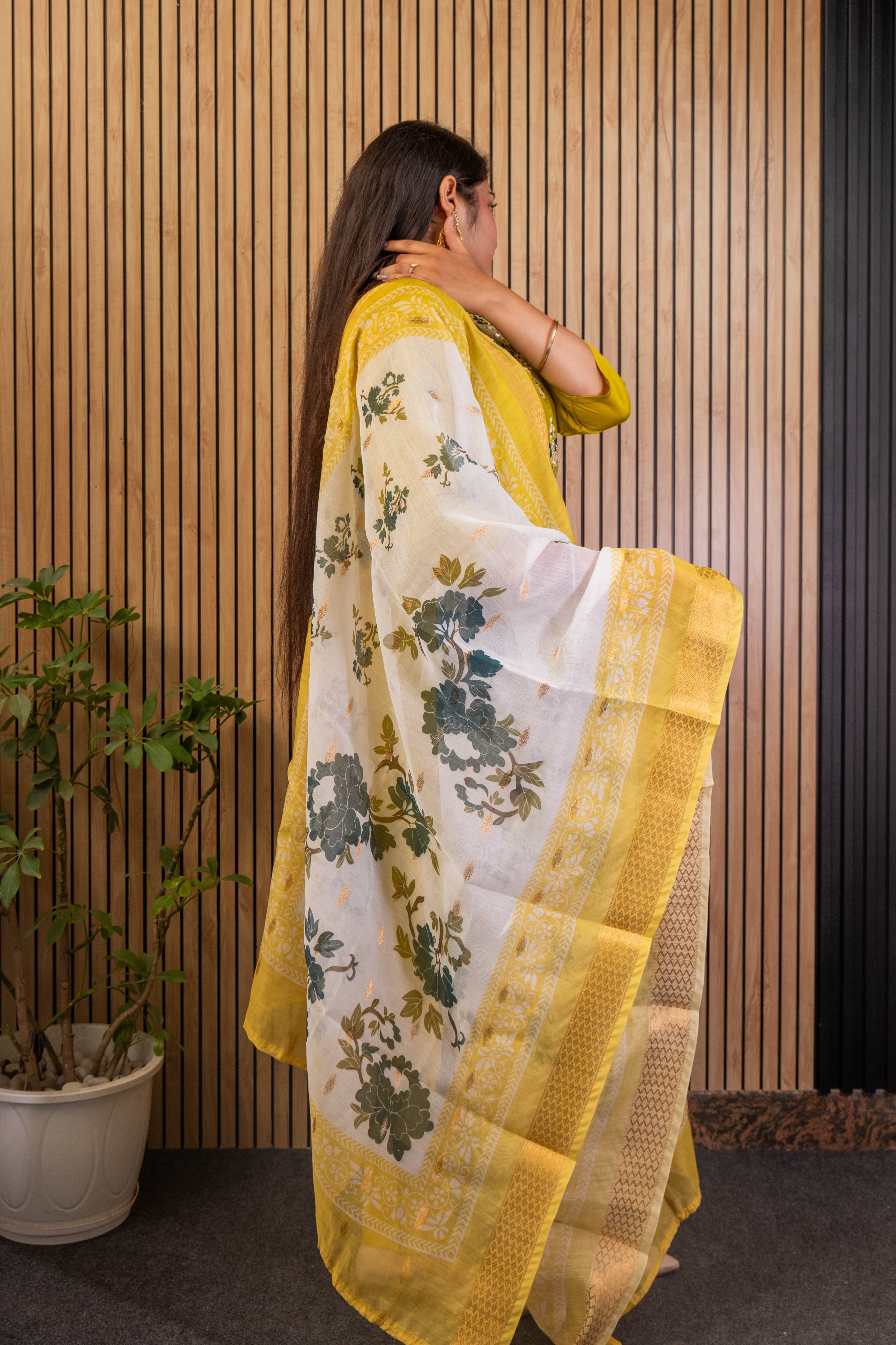 Parrot Green Suit Set with Chanderi Dupatta & Handwork Detailing