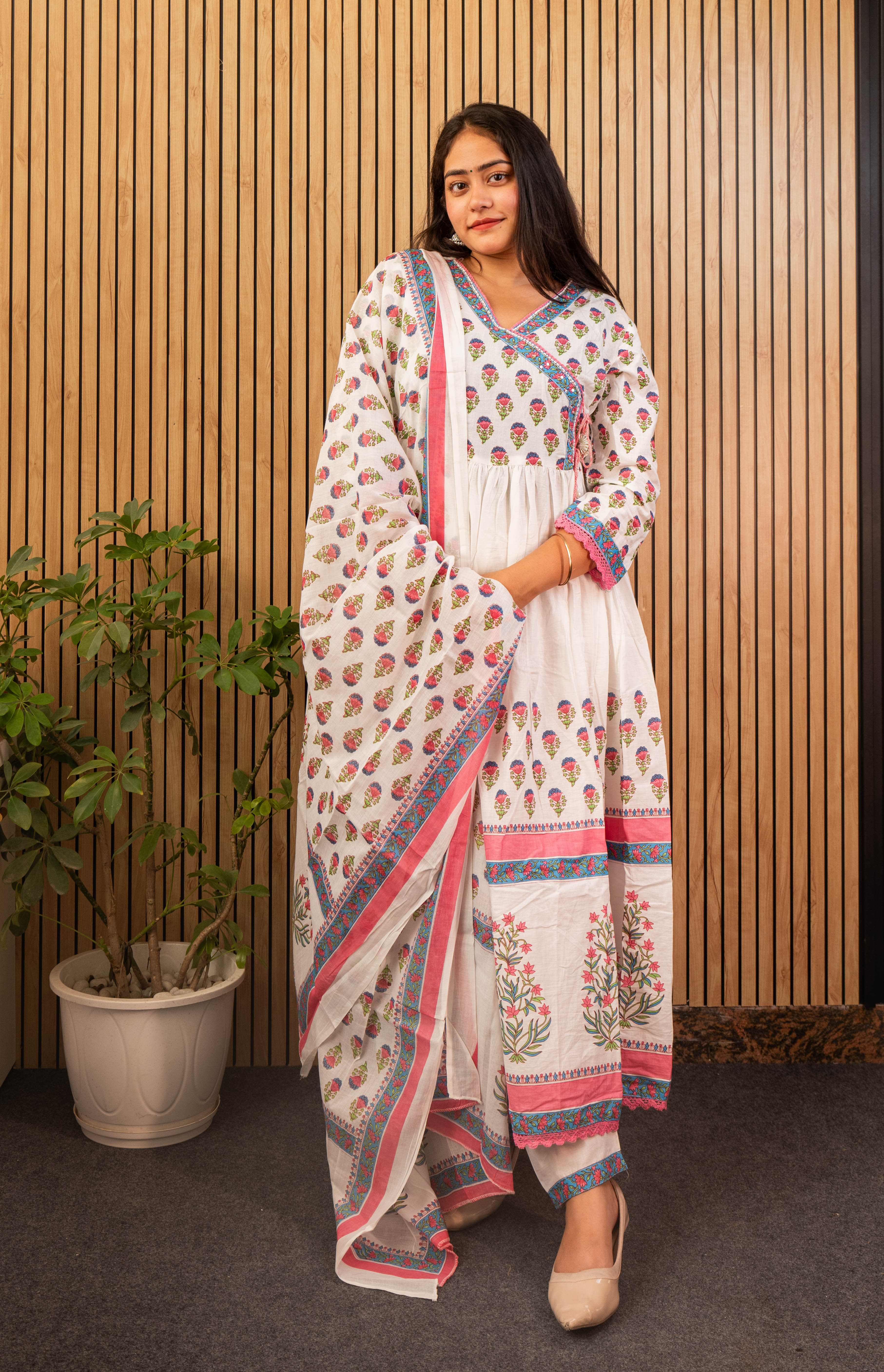 Elegant Pink Mal Cotton Anarkali Kurti Set with Dupatta & Handwork Neck