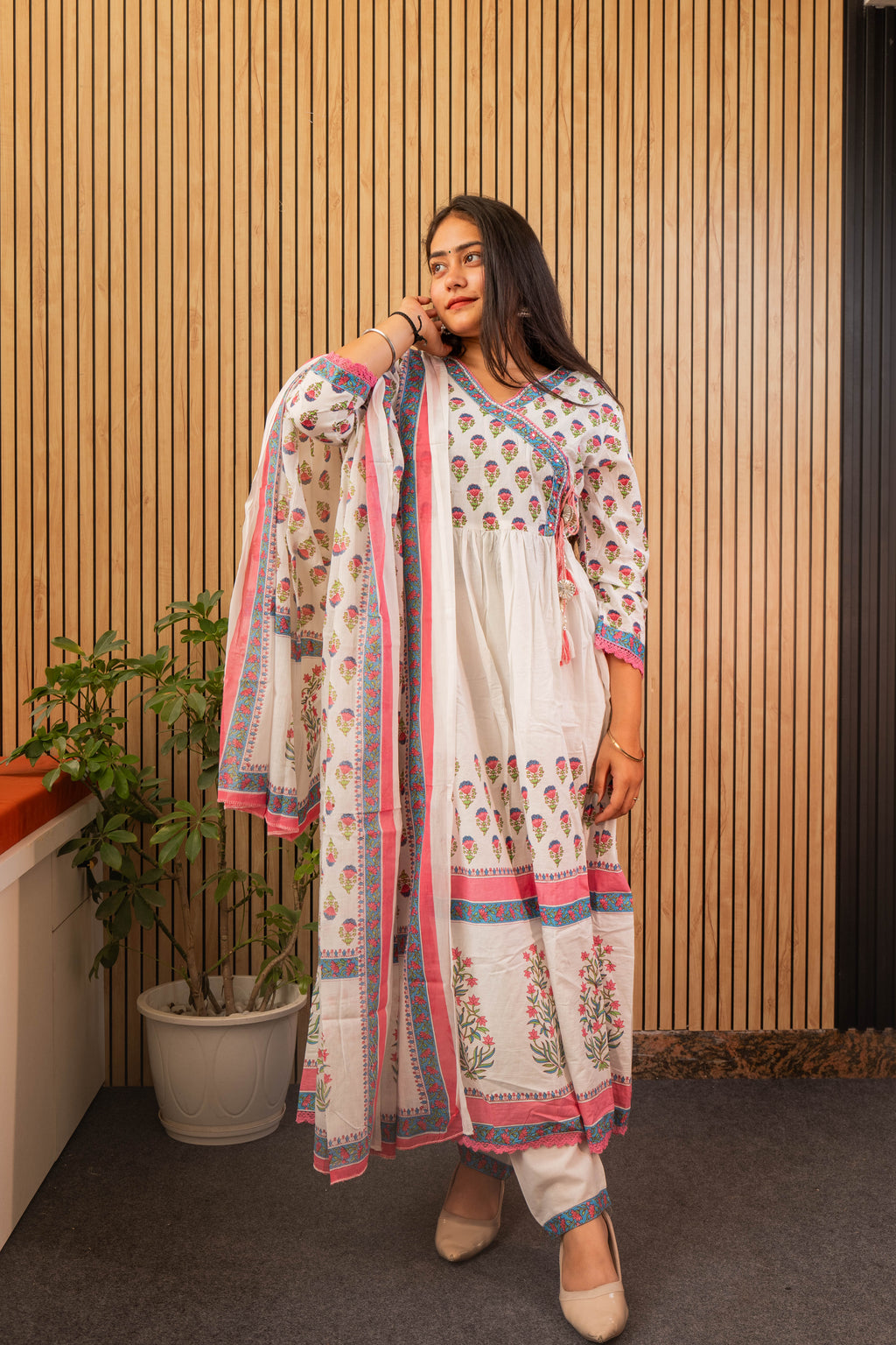 Elegant Pink Mal Cotton Anarkali Kurti Set with Dupatta & Handwork Neck