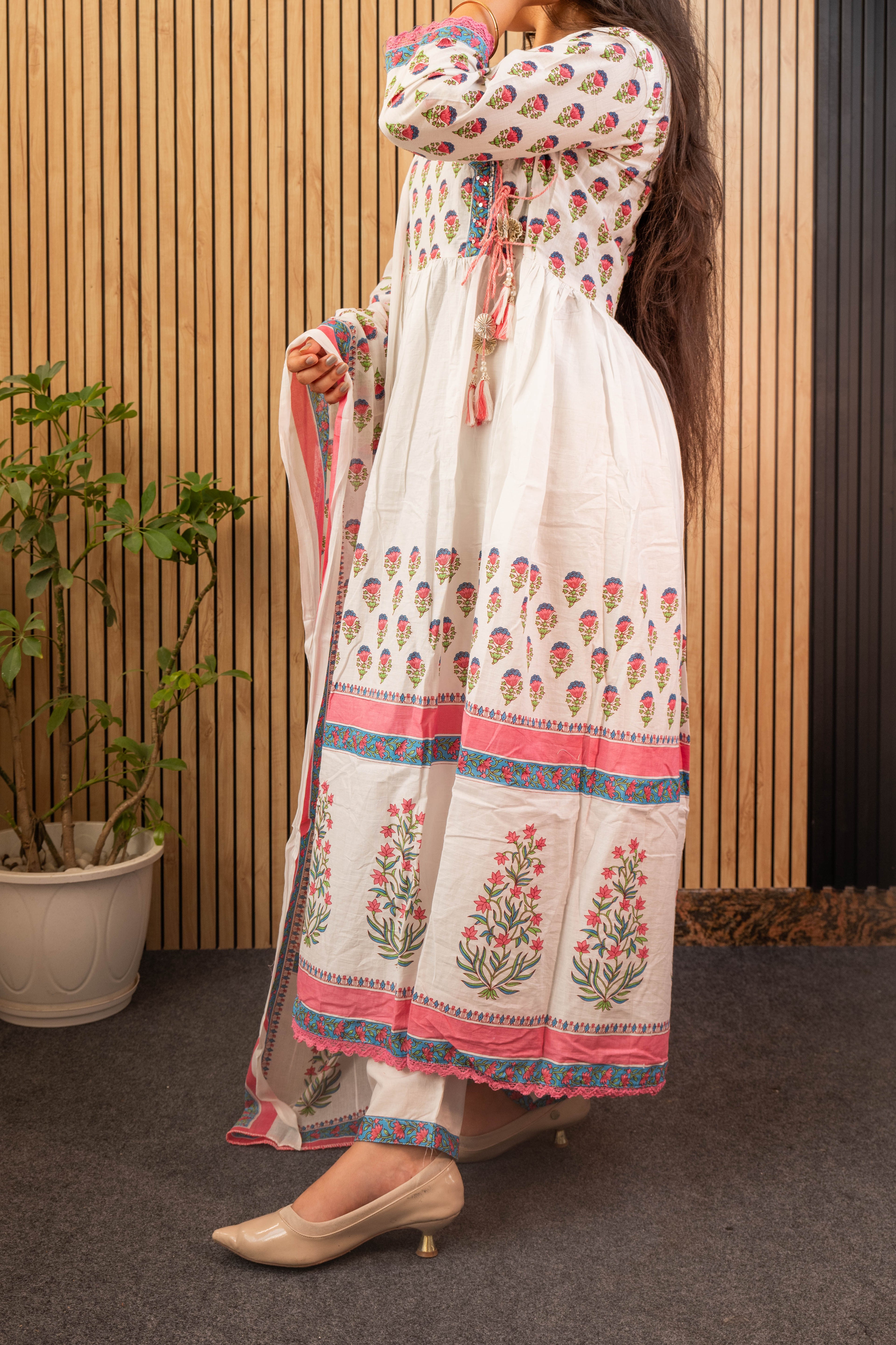 Elegant Pink Mal Cotton Anarkali Kurti Set with Dupatta & Handwork Neck