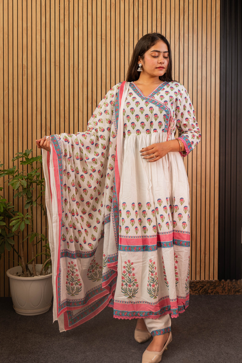 Elegant Pink Mal Cotton Anarkali Kurti Set with Dupatta & Handwork Neck