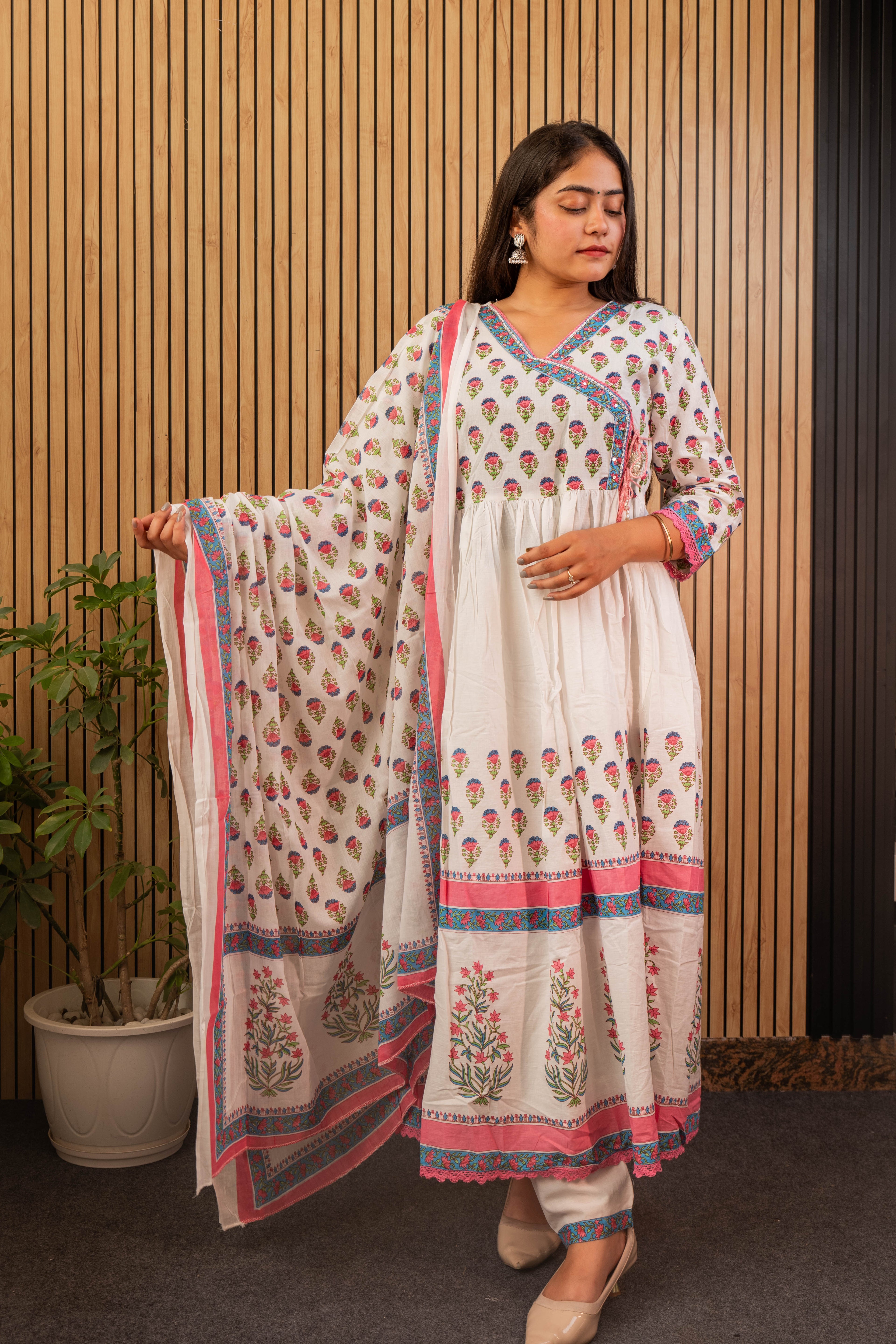 Elegant Pink Mal Cotton Anarkali Kurti Set with Dupatta & Handwork Neck