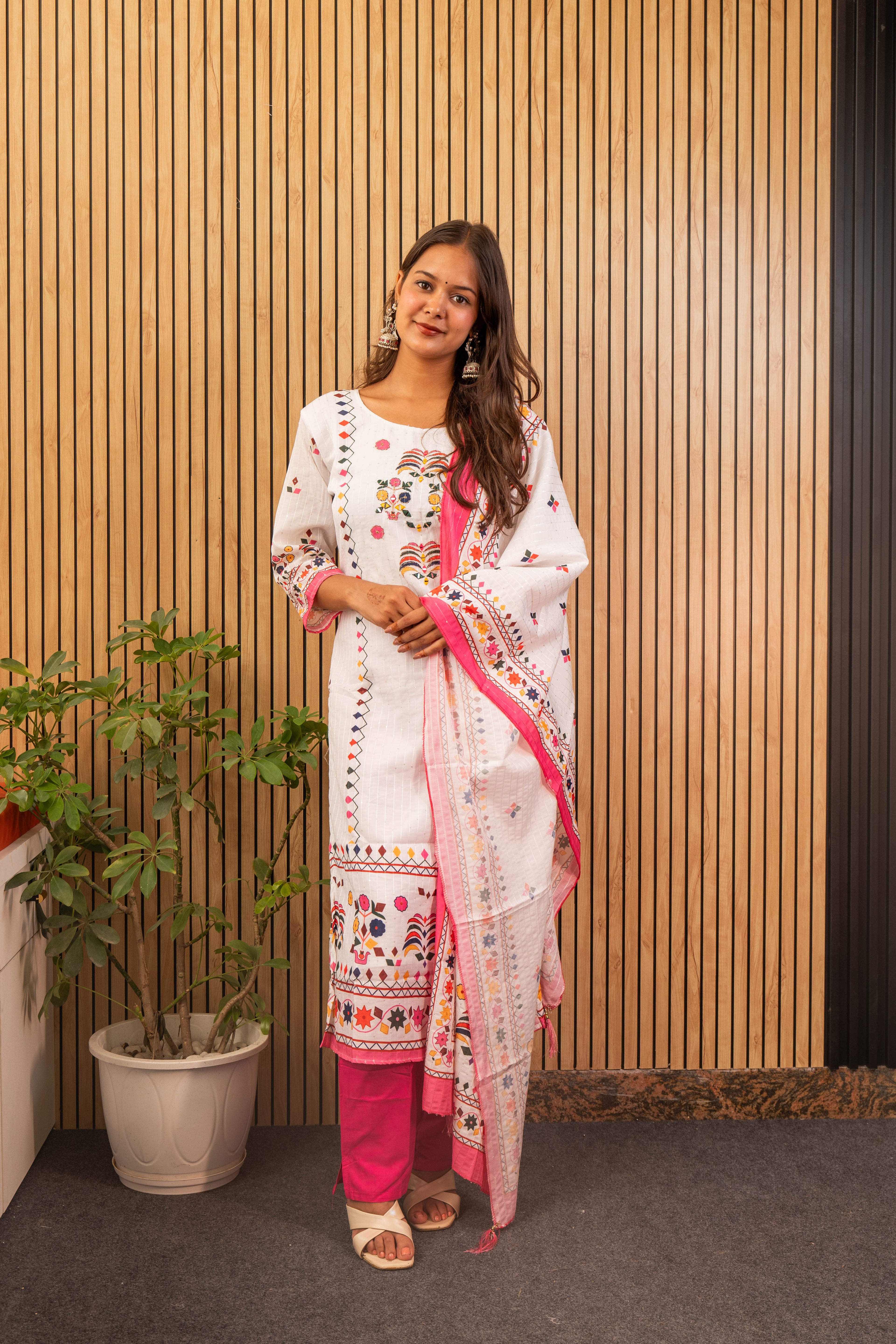 White & Pink Printed Maslin Kurti Set with Sequin Work & Dupatta