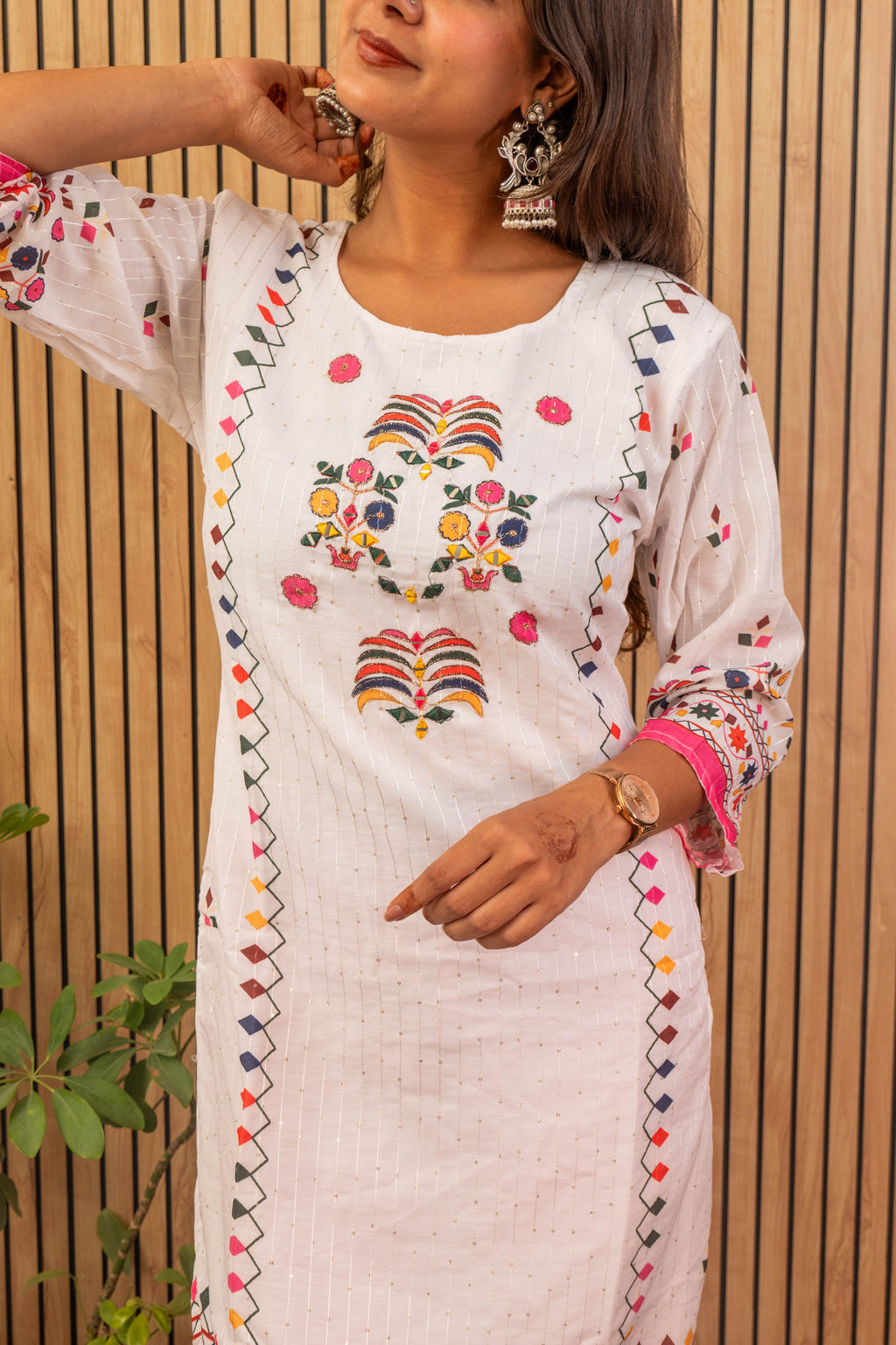 White & Pink Printed Maslin Kurti Set with Sequin Work & Dupatta