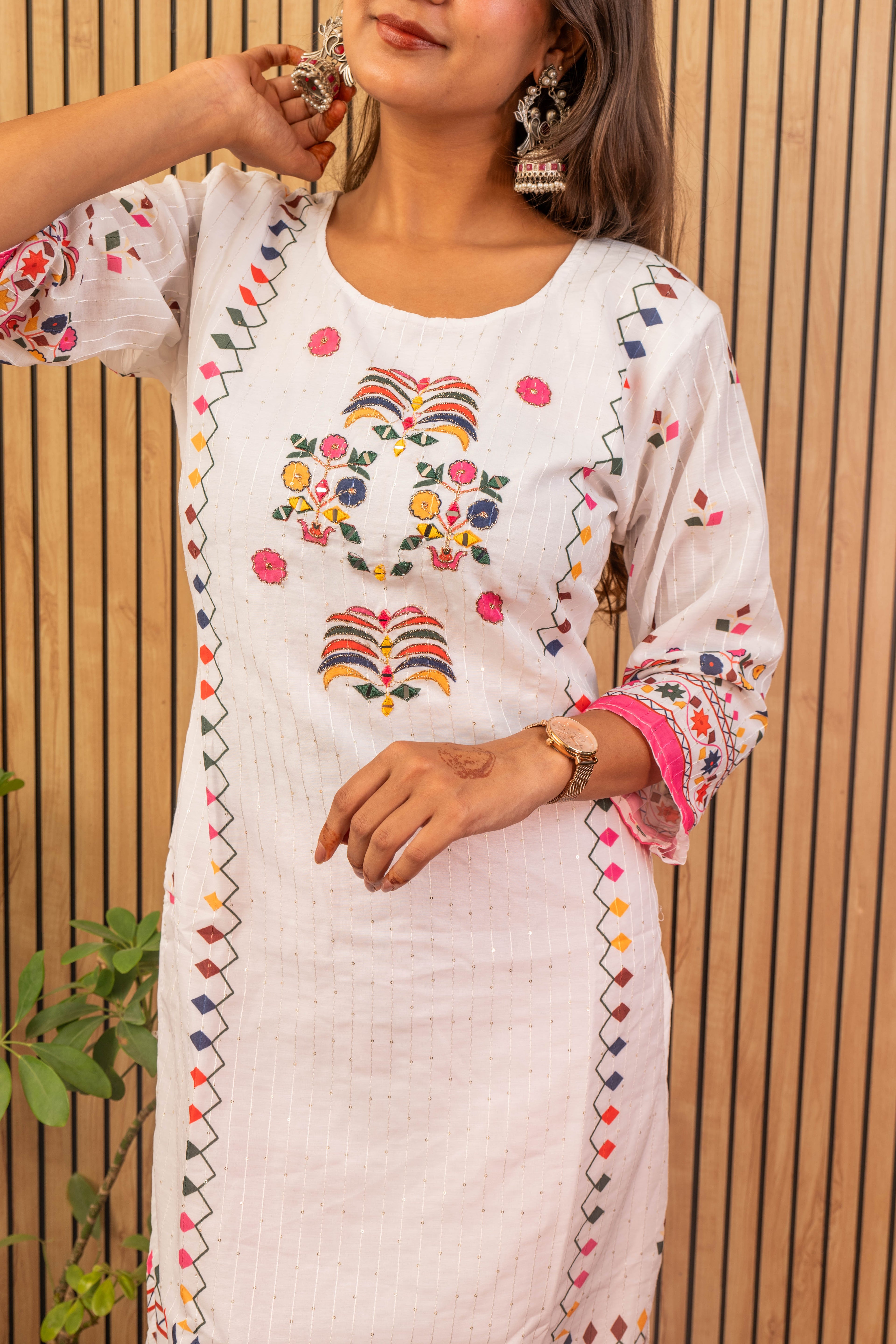 White & Pink Printed Maslin Kurti Set with Sequin Work & Dupatta