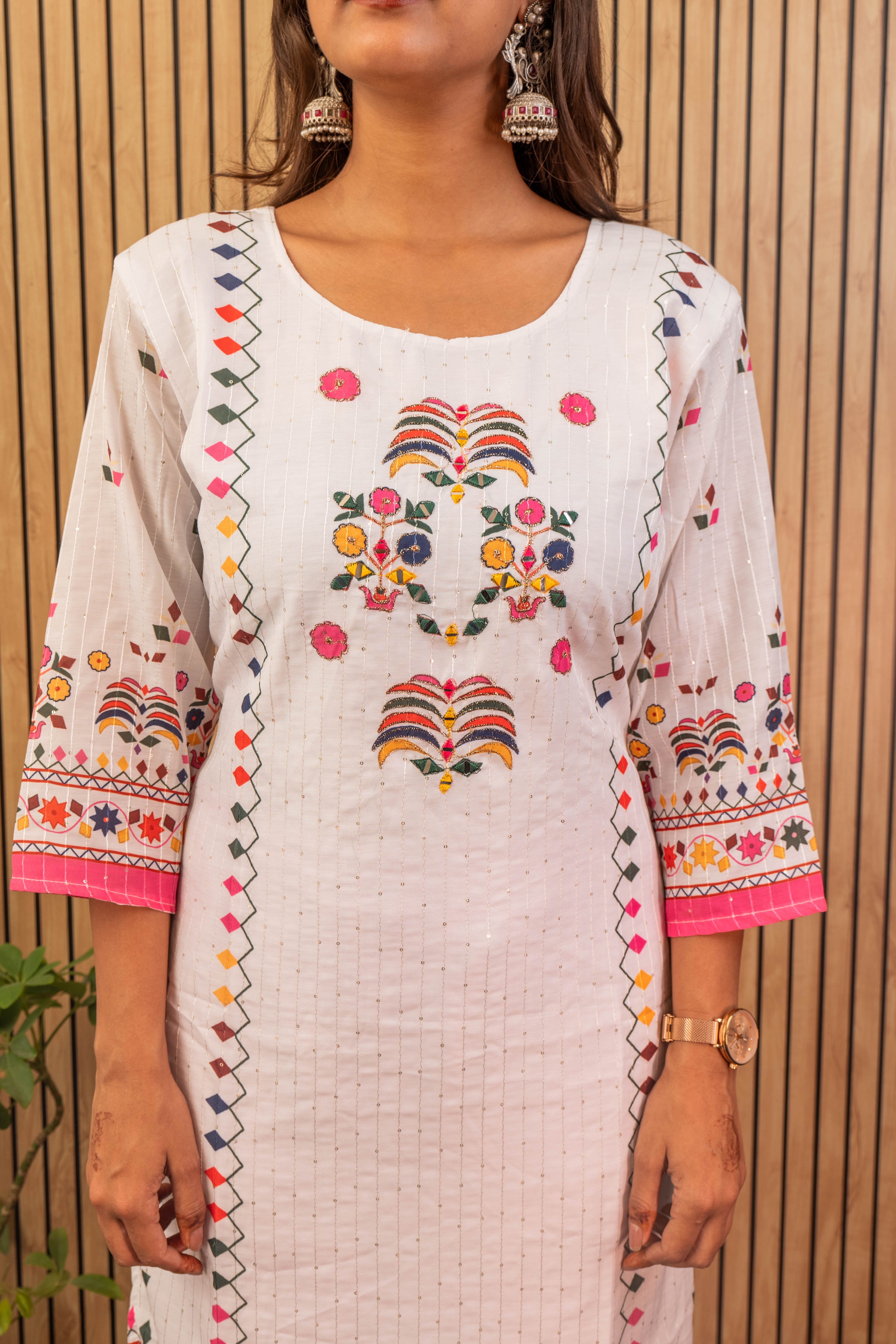 White & Pink Printed Maslin Kurti Set with Sequin Work & Dupatta