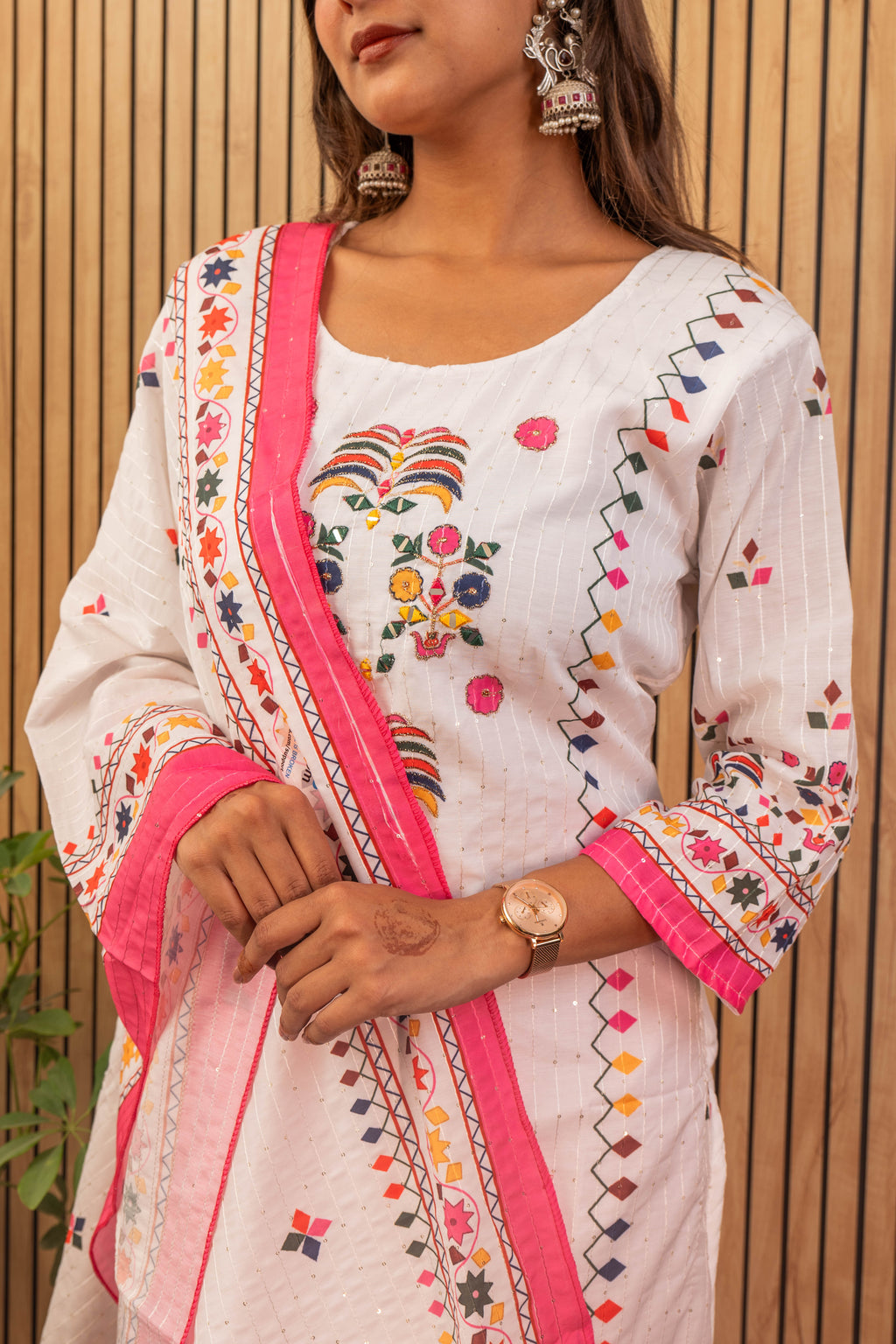 White & Pink Printed Maslin Kurti Set with Sequin Work & Dupatta