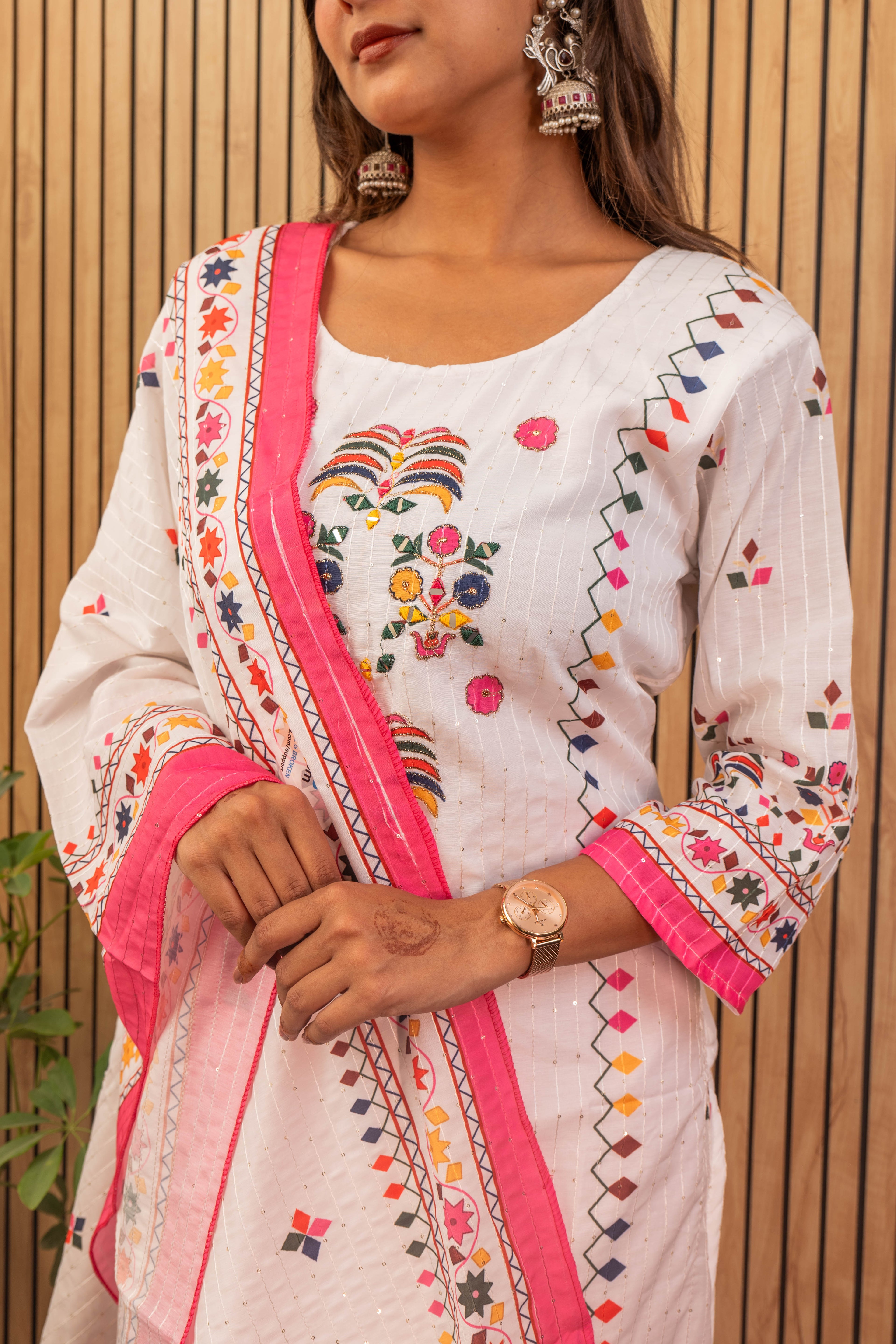 White & Pink Printed Maslin Kurti Set with Sequin Work & Dupatta