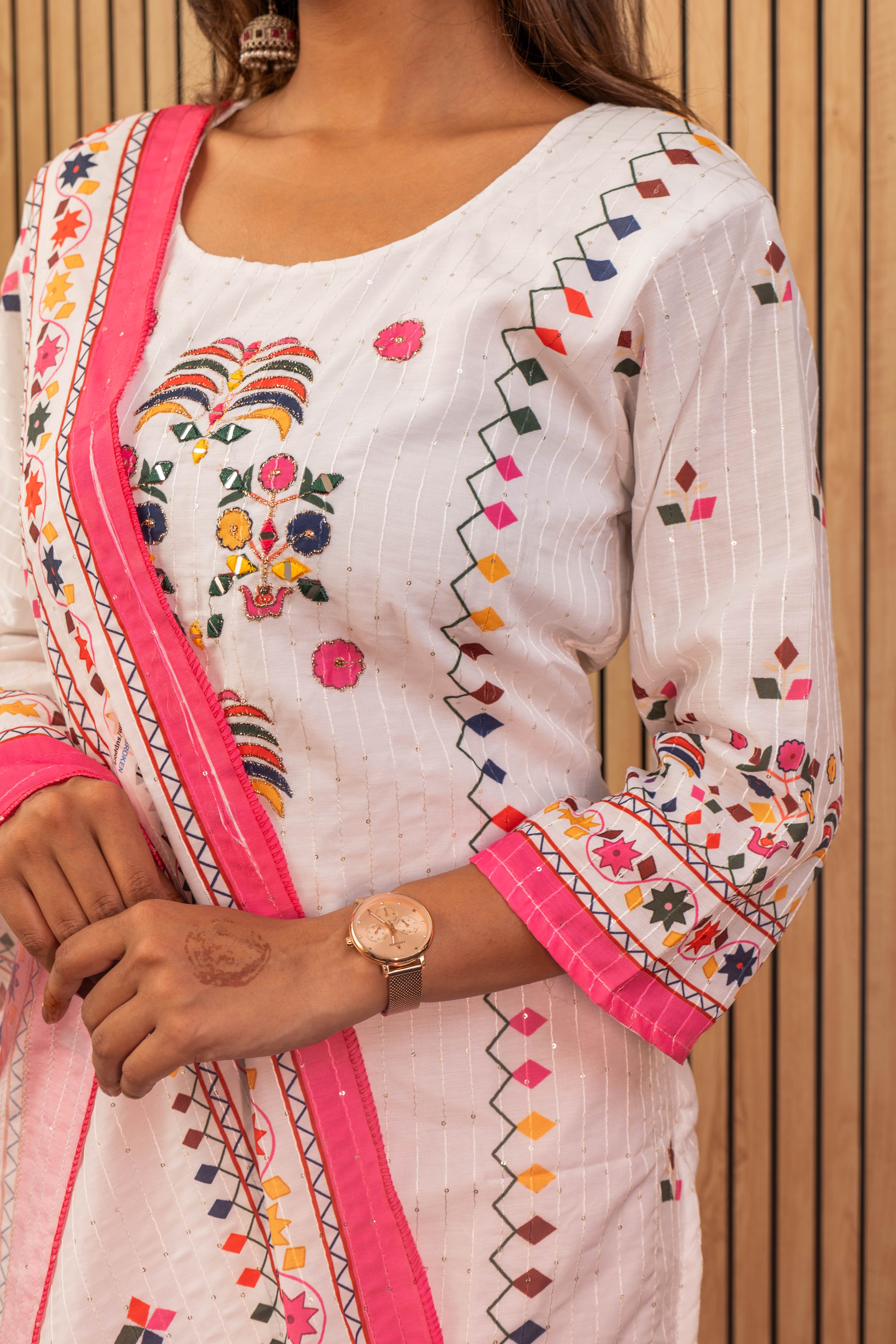 White & Pink Printed Maslin Kurti Set with Sequin Work & Dupatta