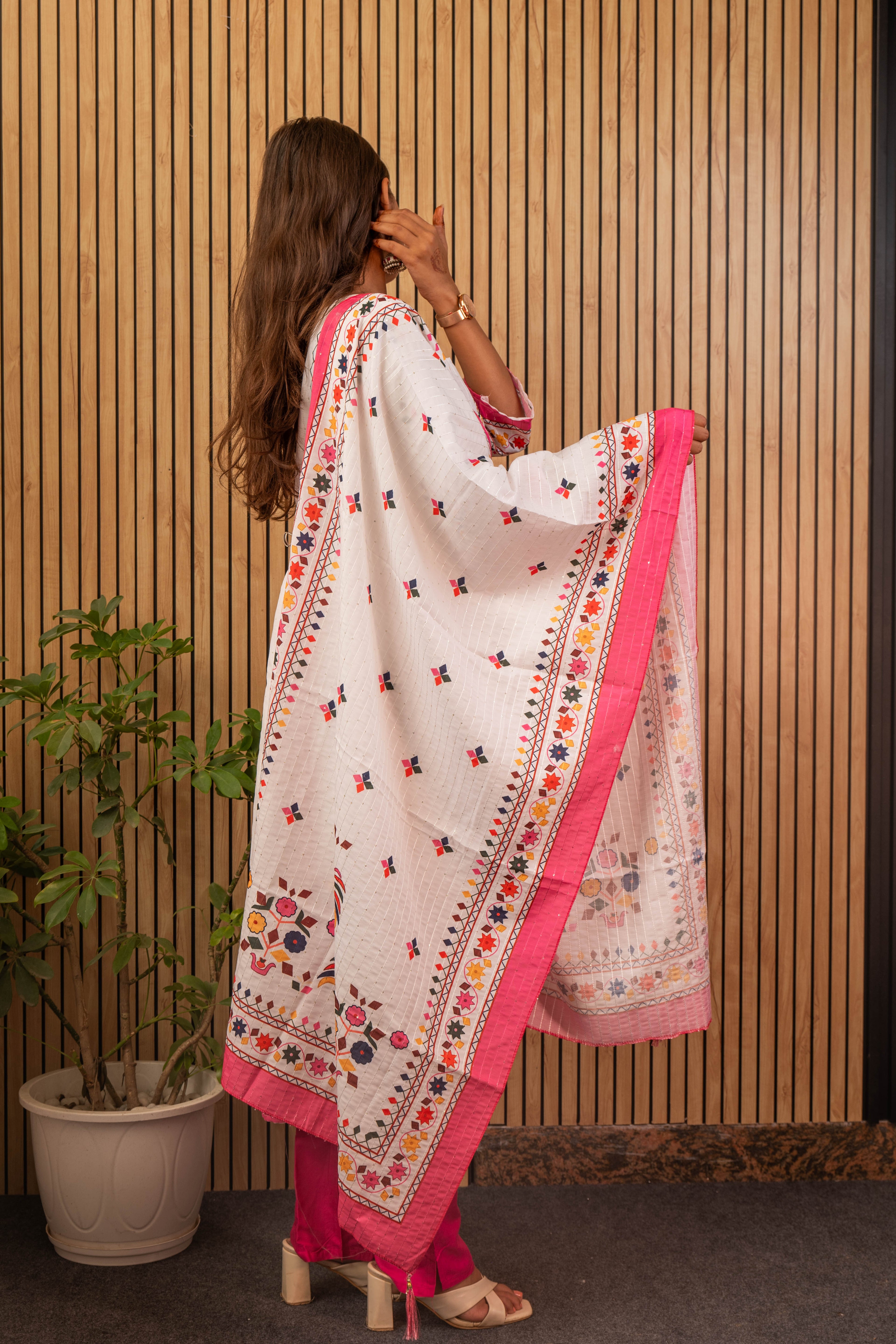 White & Pink Printed Maslin Kurti Set with Sequin Work & Dupatta