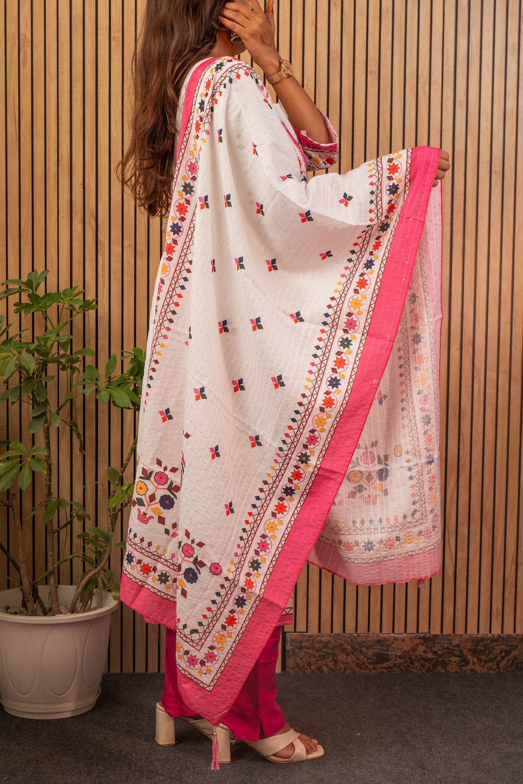 White & Pink Printed Maslin Kurti Set with Sequin Work & Dupatta