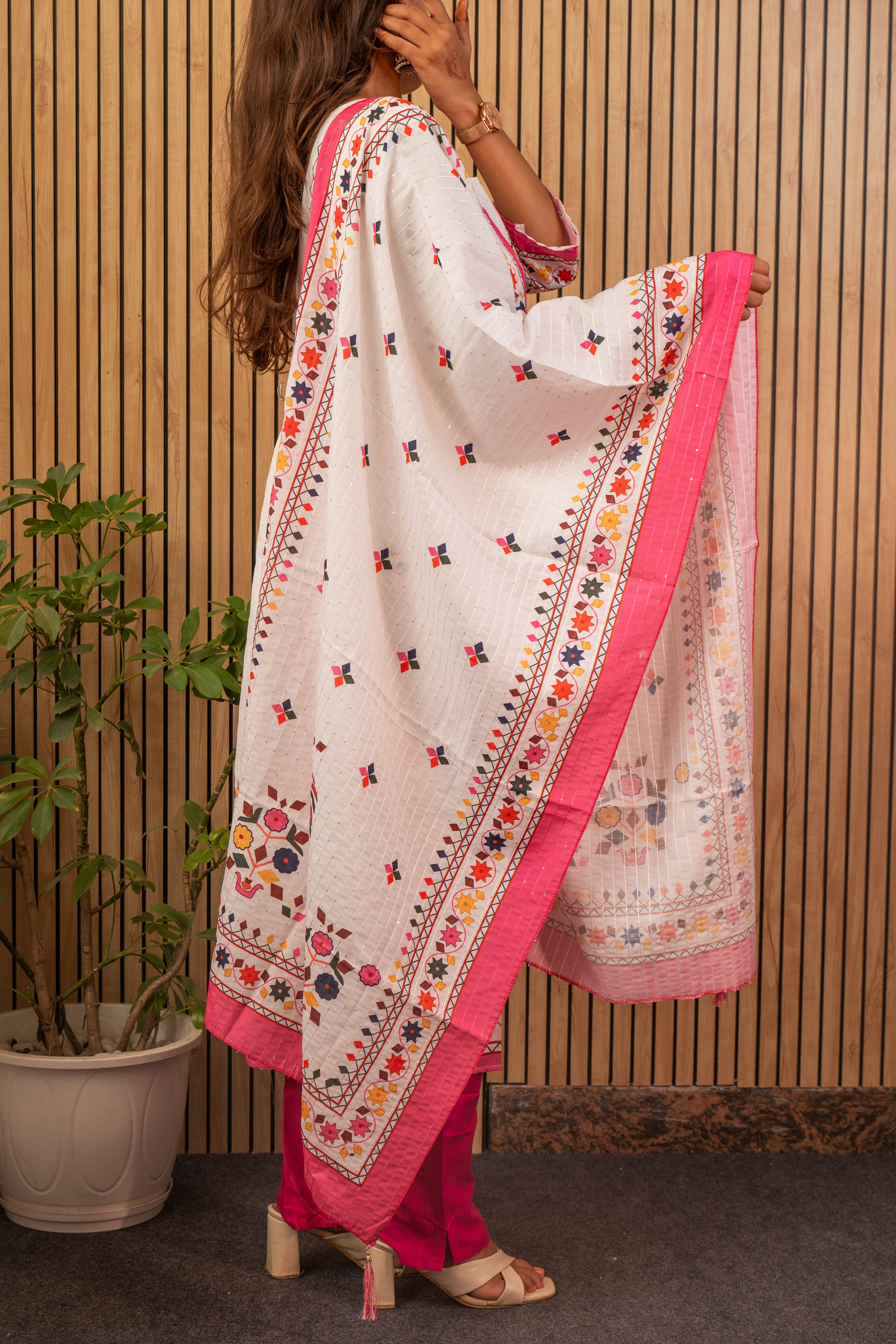 White & Pink Printed Maslin Kurti Set with Sequin Work & Dupatta