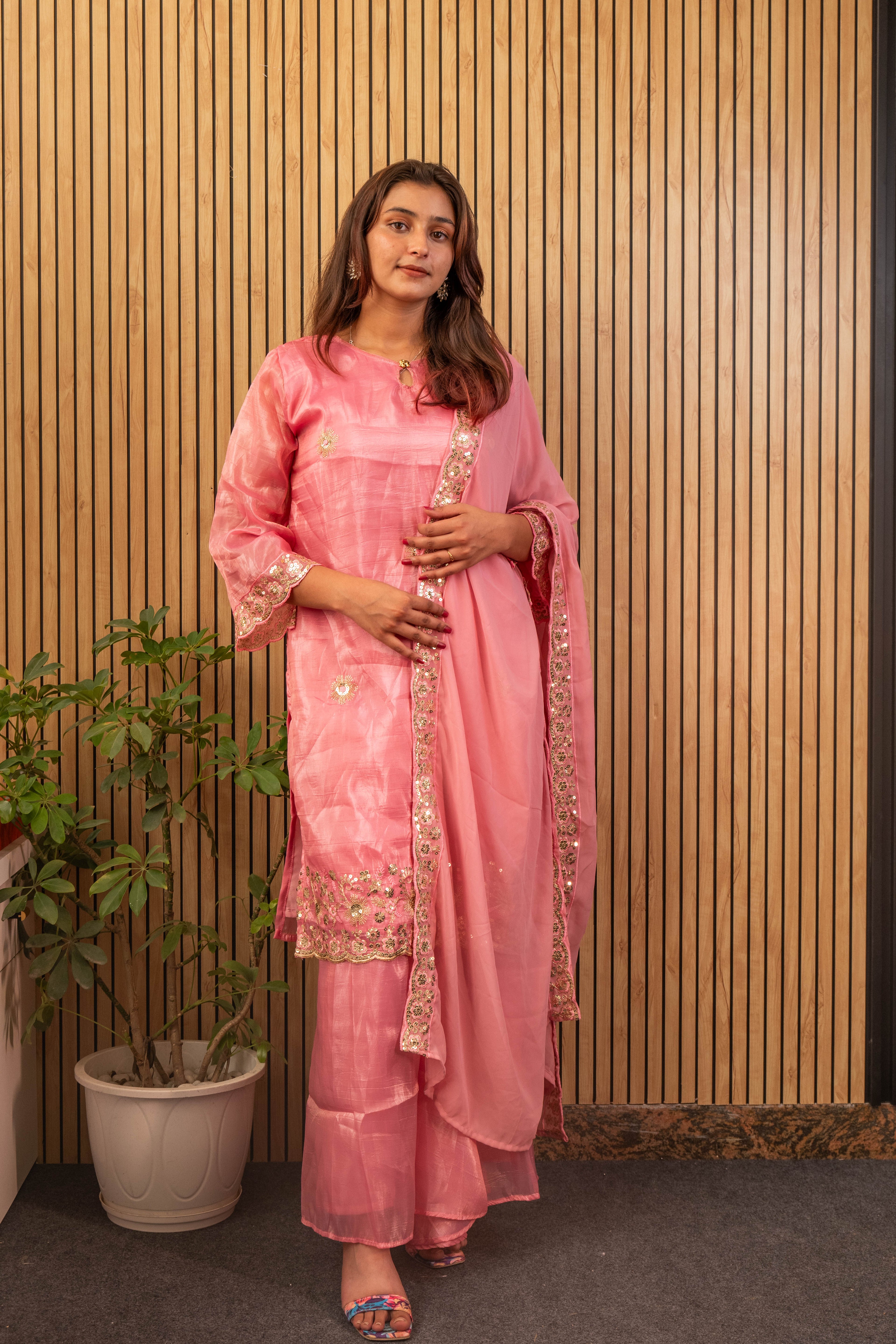 Gold Crush Silk Kurti & Sharara Set with Zari Sequin Embroidery & Georgette Dupatta