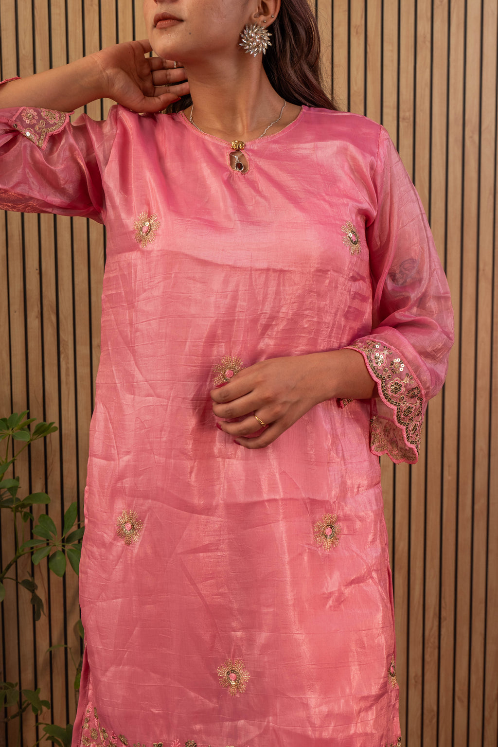 Gold Crush Silk Kurti & Sharara Set with Zari Sequin Embroidery & Georgette Dupatta