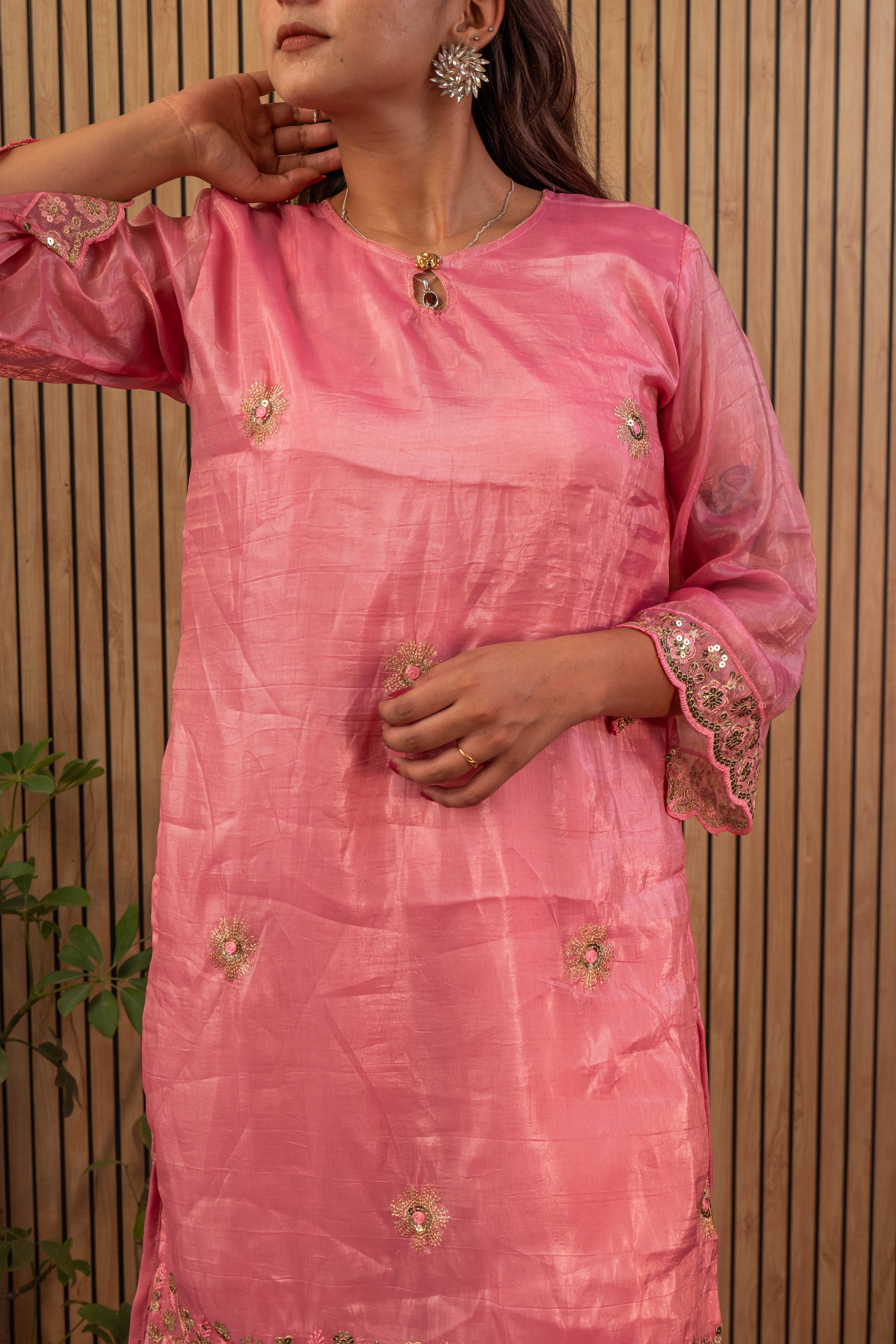 Gold Crush Silk Kurti & Sharara Set with Zari Sequin Embroidery & Georgette Dupatta
