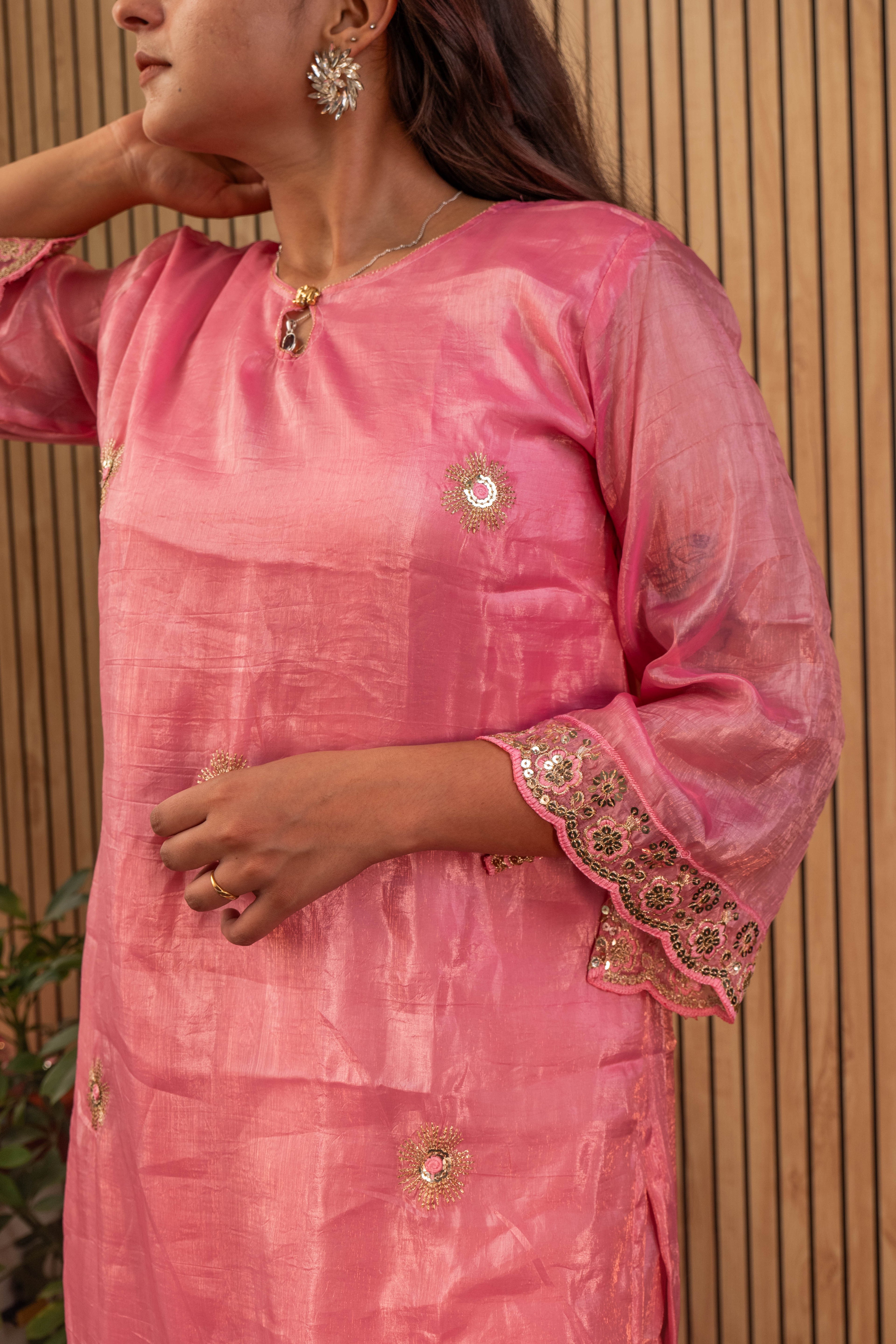 Gold Crush Silk Kurti & Sharara Set with Zari Sequin Embroidery & Georgette Dupatta