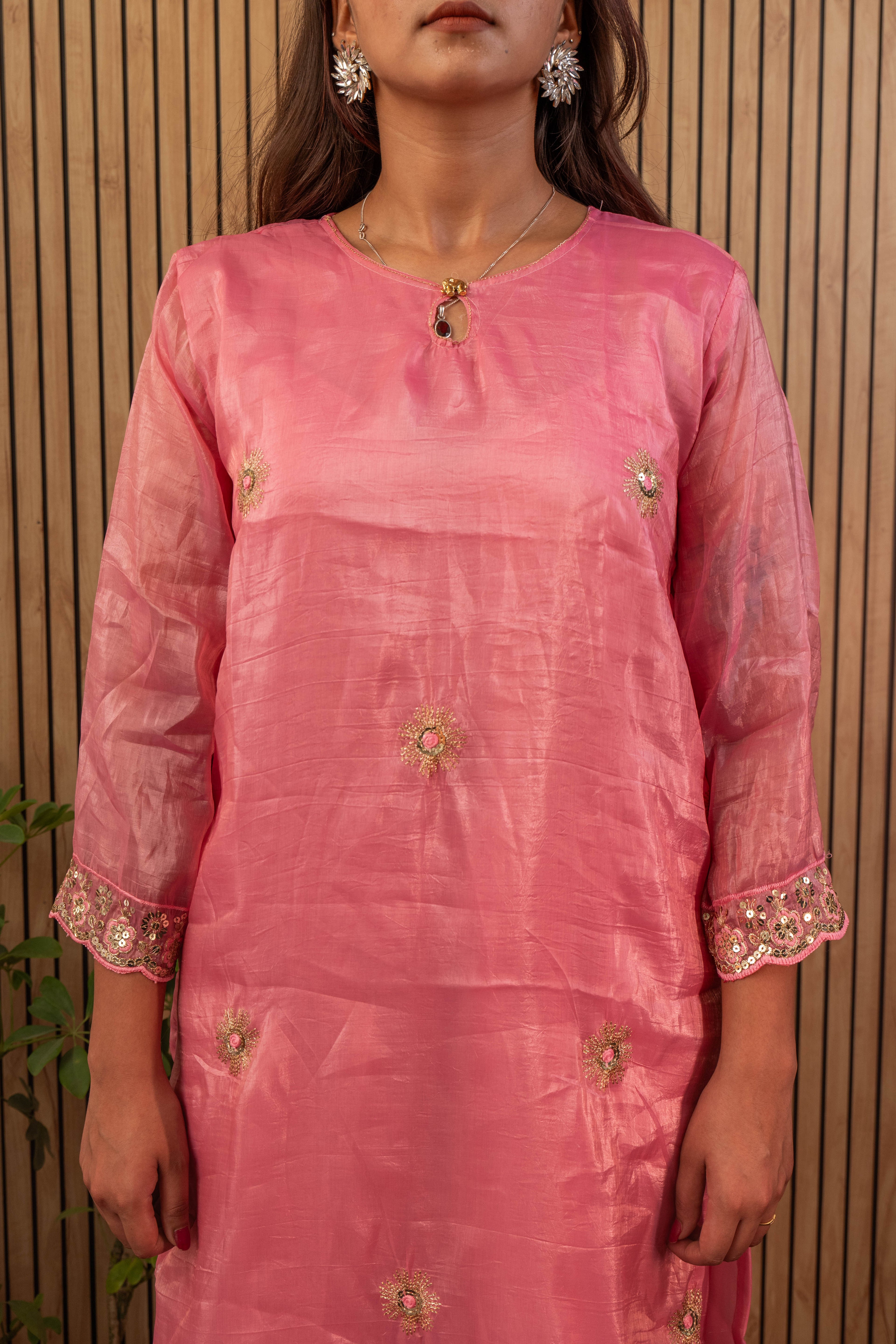 Gold Crush Silk Kurti & Sharara Set with Zari Sequin Embroidery & Georgette Dupatta
