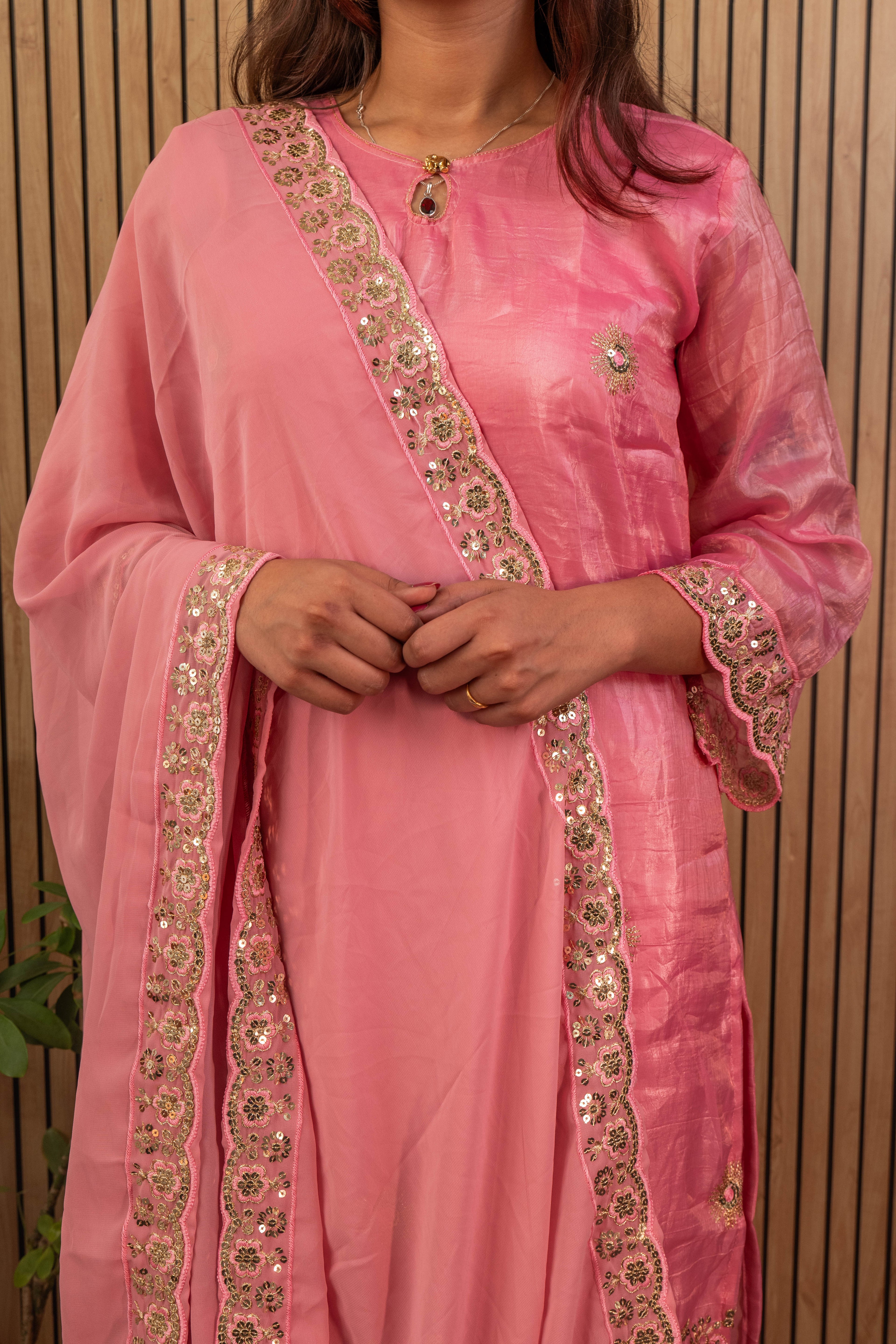 Gold Crush Silk Kurti & Sharara Set with Zari Sequin Embroidery & Georgette Dupatta