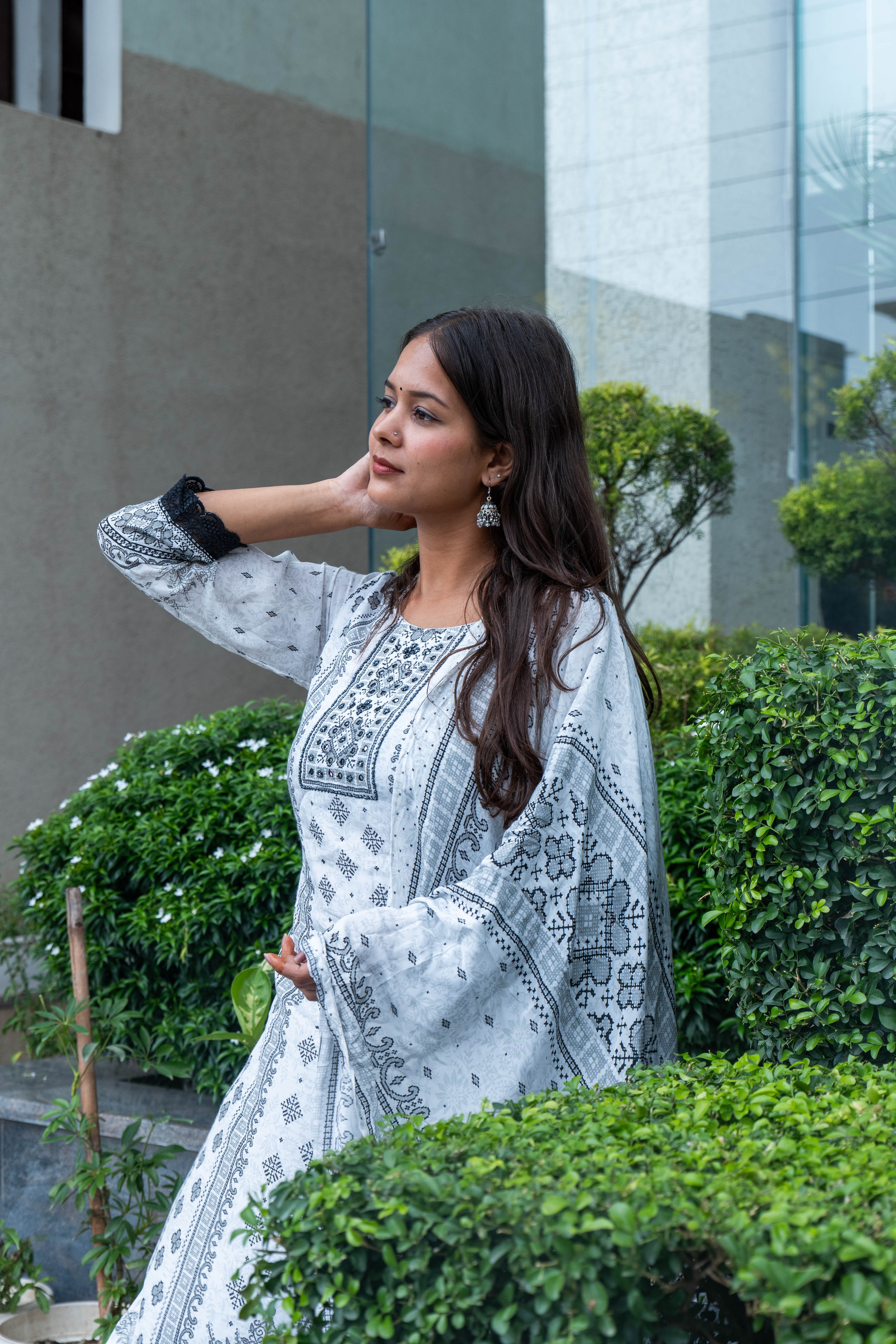 White-Black Premium Paper Silk Kurti Set with Handwork & Prints