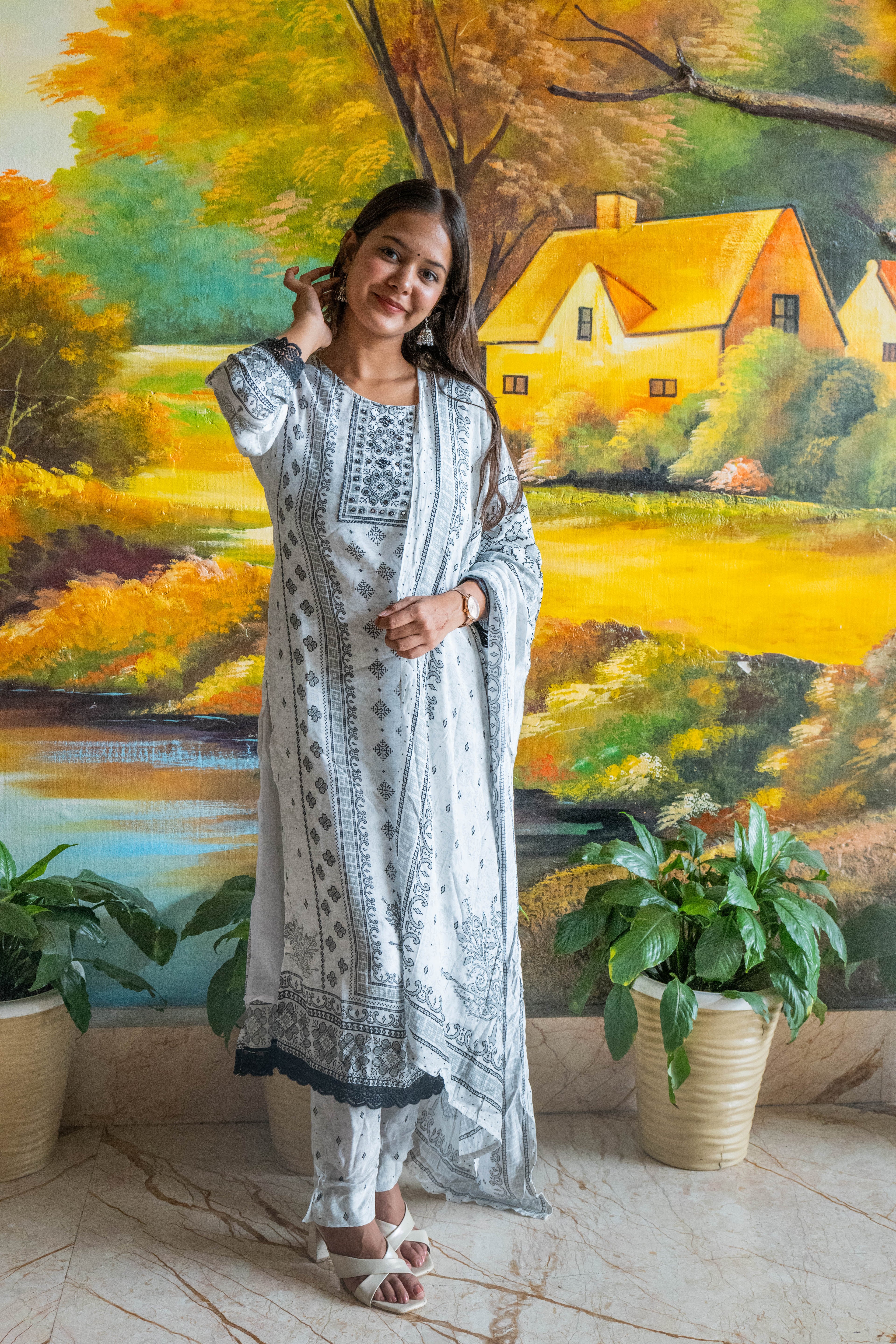 White-Black Premium Paper Silk Kurti Set with Handwork & Prints