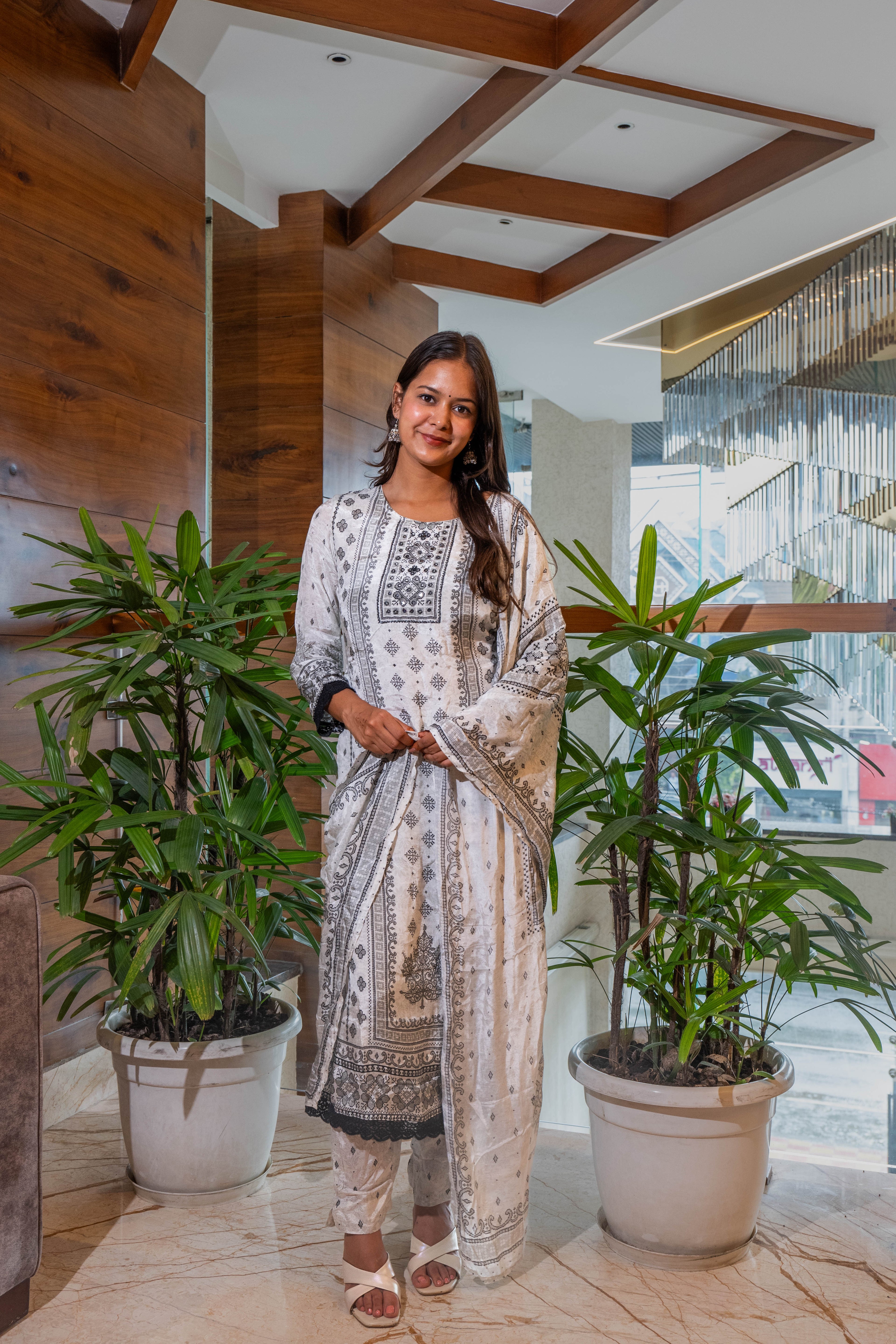 White-Black Premium Paper Silk Kurti Set with Handwork & Prints