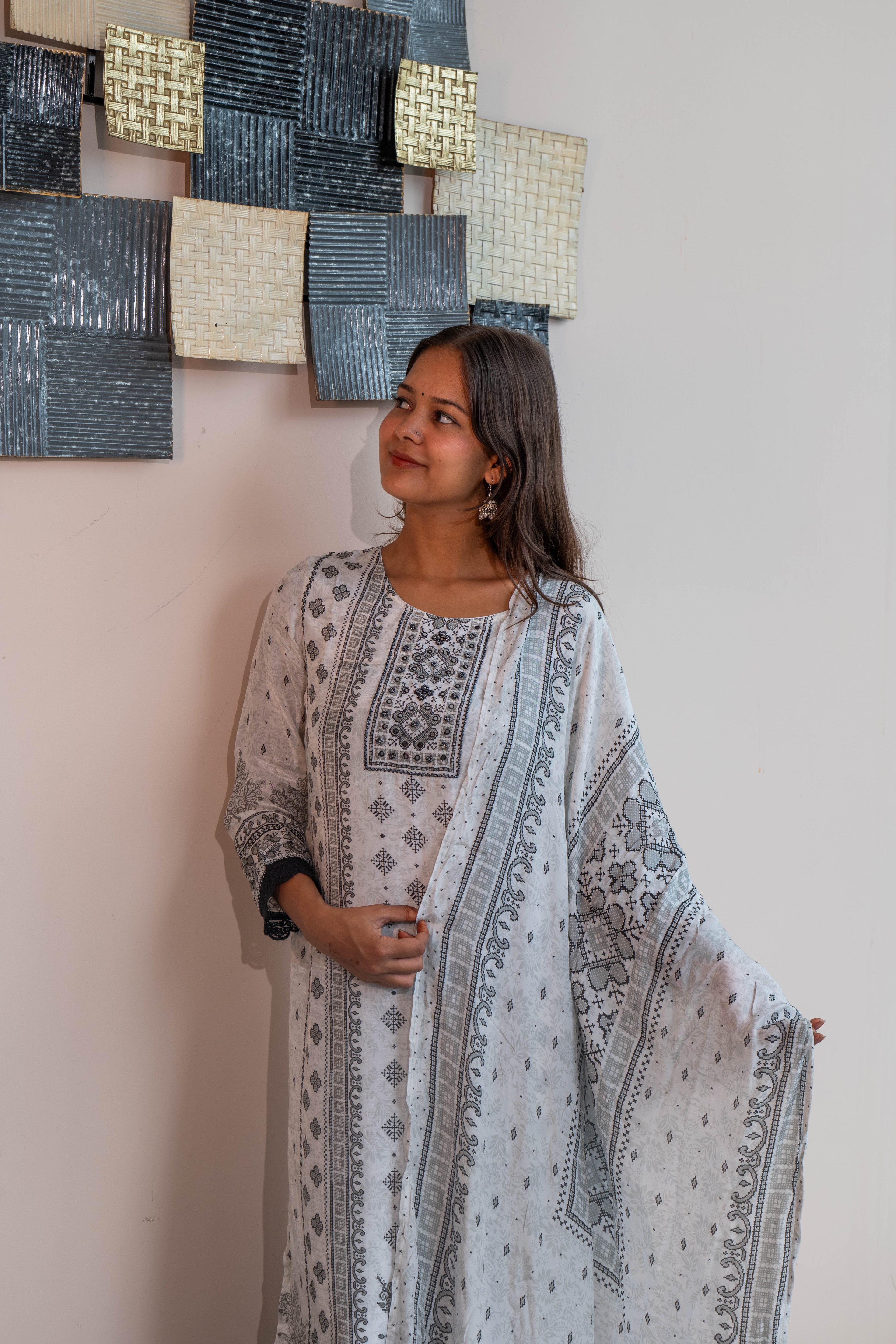 White-Black Premium Paper Silk Kurti Set with Handwork & Prints