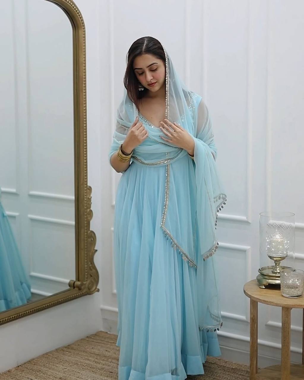 Women Empire Mirror Work Kurta with Trousers & Dupatta
