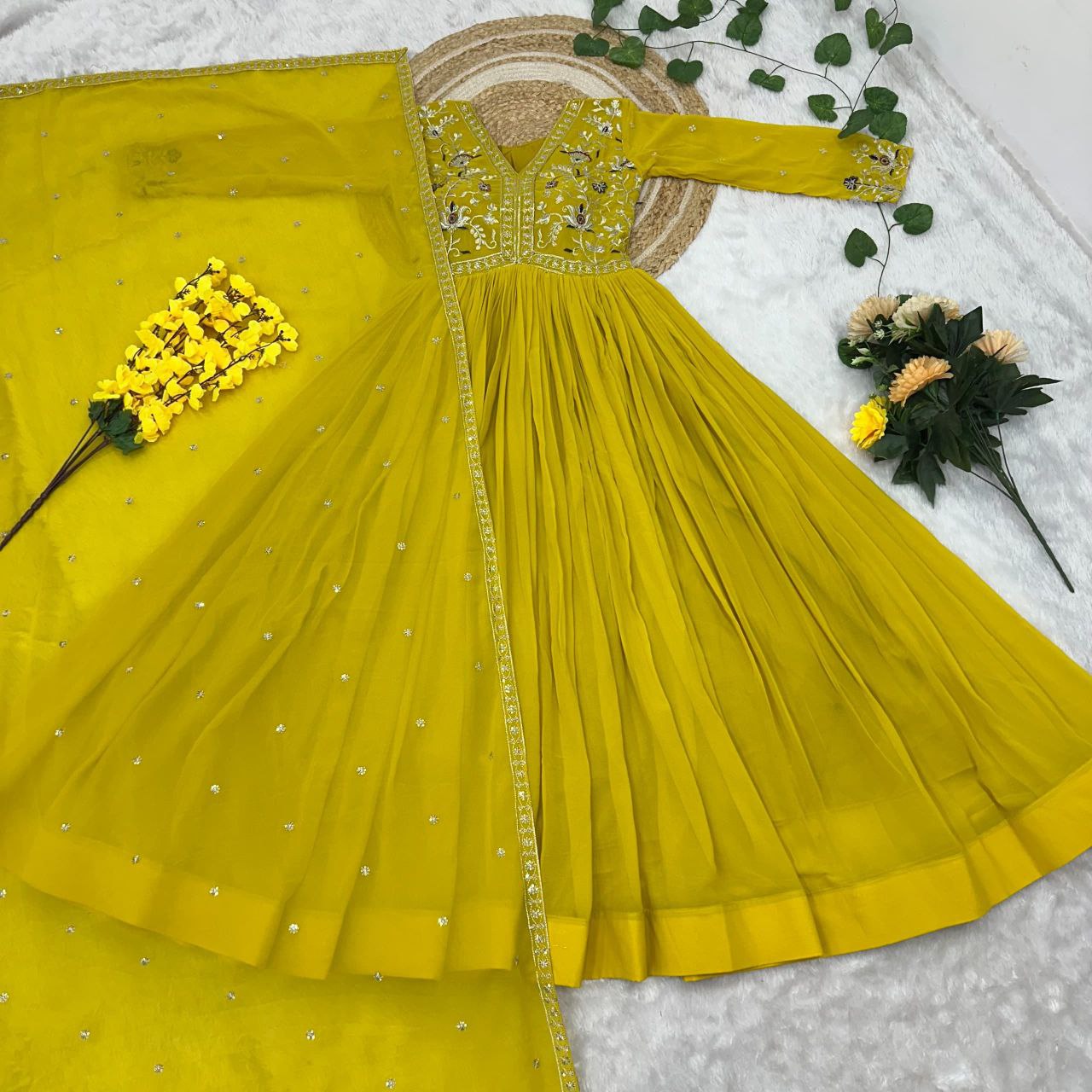 Premium Designer Readymade Gown with Dupatta – Zari & Sequins Embroidery