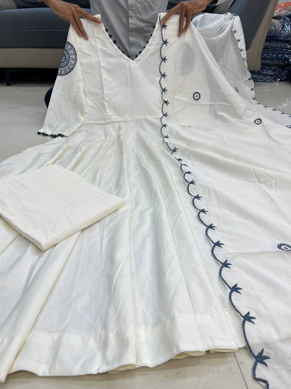 Rangrasa Blue Cream Embroidered Muslin Silk Suit Set