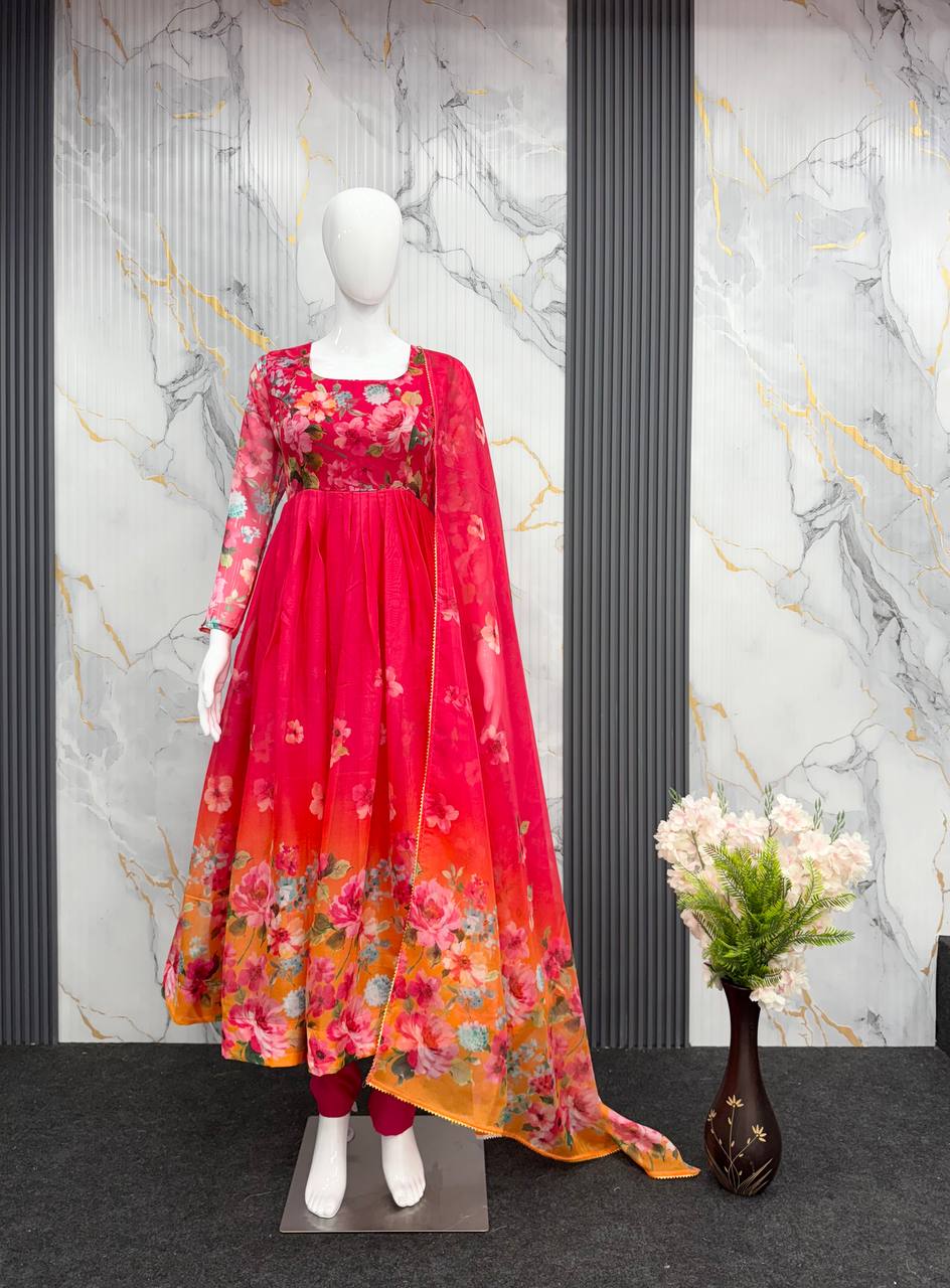 Women Floral Printed Tiered Kurta & Trousers With Dupatta