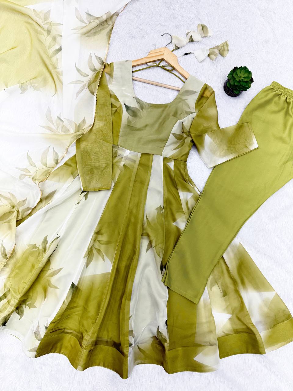 Floral Printed Anarkali Kurta With Trousers & Dupatta