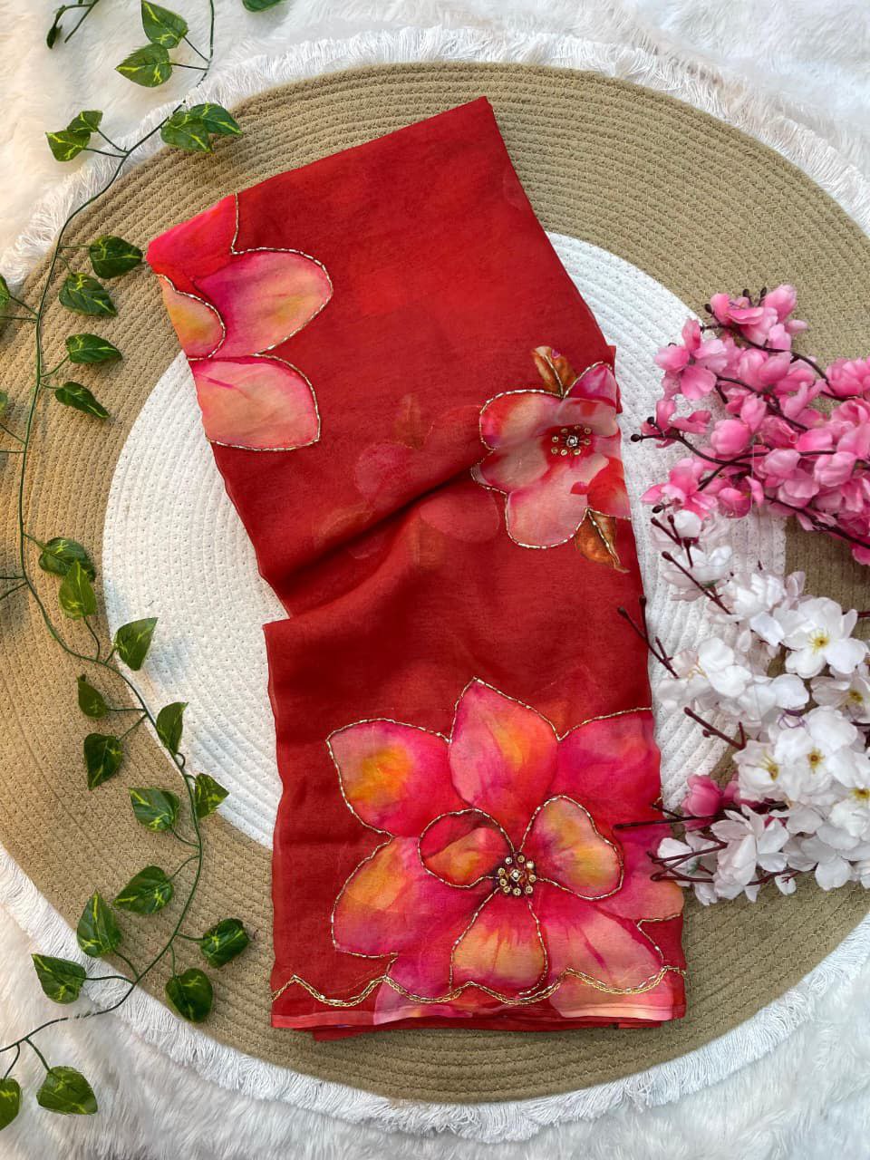 Soft Georgette Saree with Floral Print & Handwork Cutdana with Raw Silk Blouse
