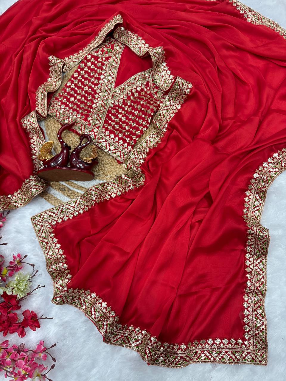 Soft Rangoli Silk Saree with Sequence Embroidery & Lace Border