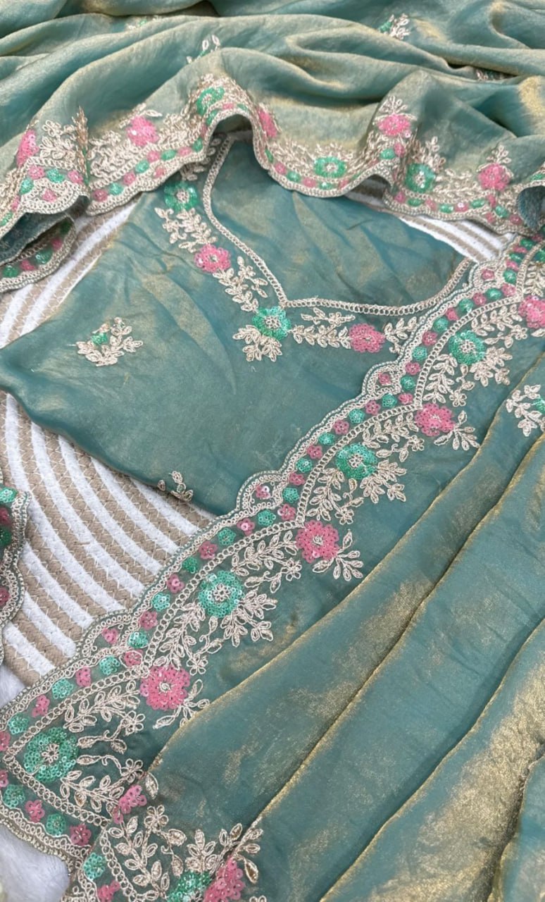 Heavy Soft Fandy Satin Silk Saree with Embroidery, Sequences & Cutwork Border