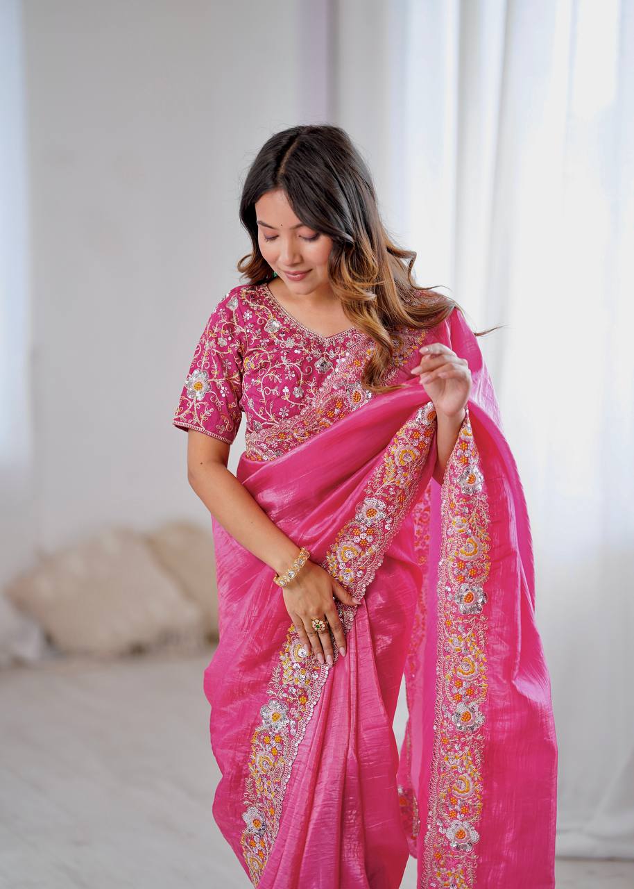Premium Gold Crush Silk Saree with Heavy Embroidery & Sequins Work