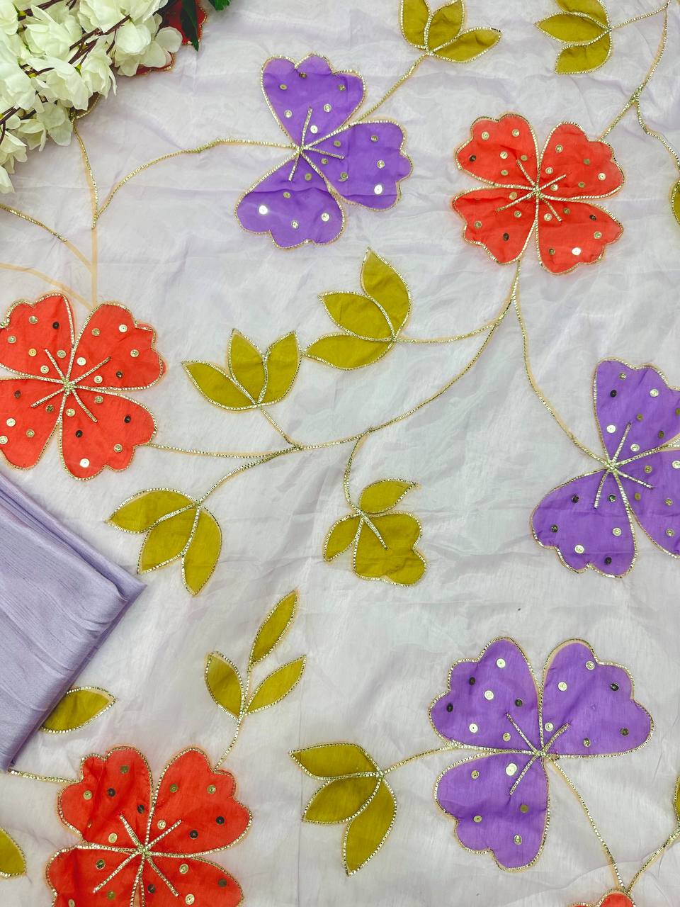 Lilac Floral Printed Organza Saree with Sequin Handwork and Silk Blouse