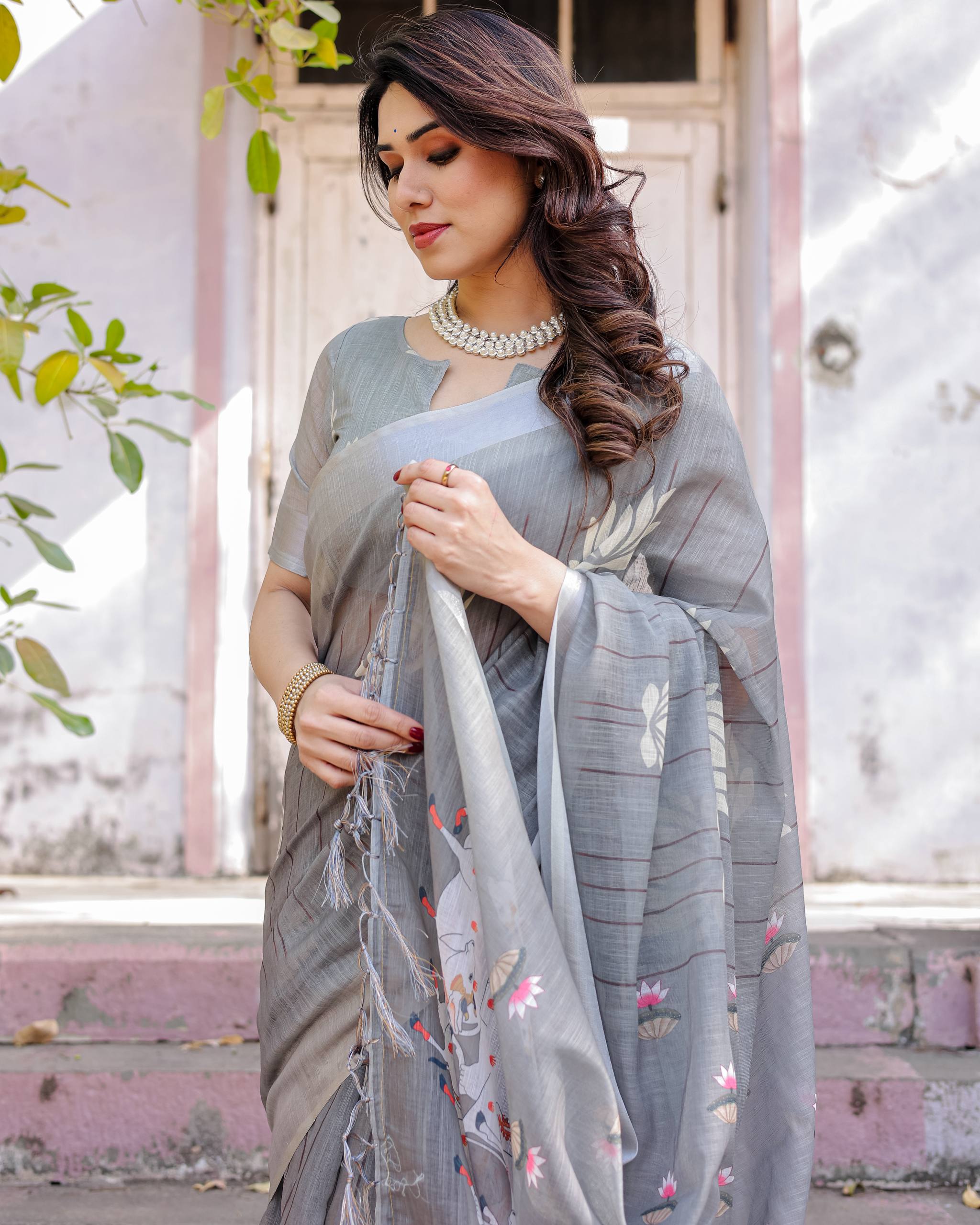 South Hit Printed Linen Cotton Saree with Blouse
