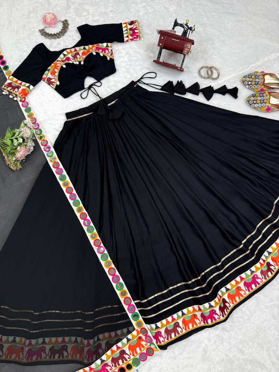 Black Heavy Rayon Lehenga with Gamthi, Real Mirror & Tassel Work