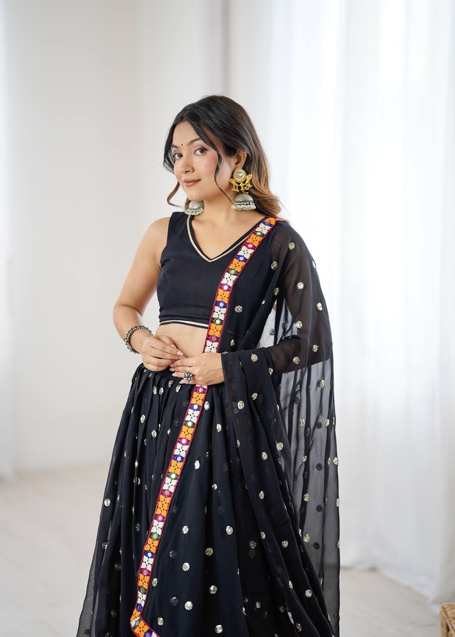 Black Designer Faux Georgette Lehenga Choli Set with Real Mirror & Chain Stitch Work