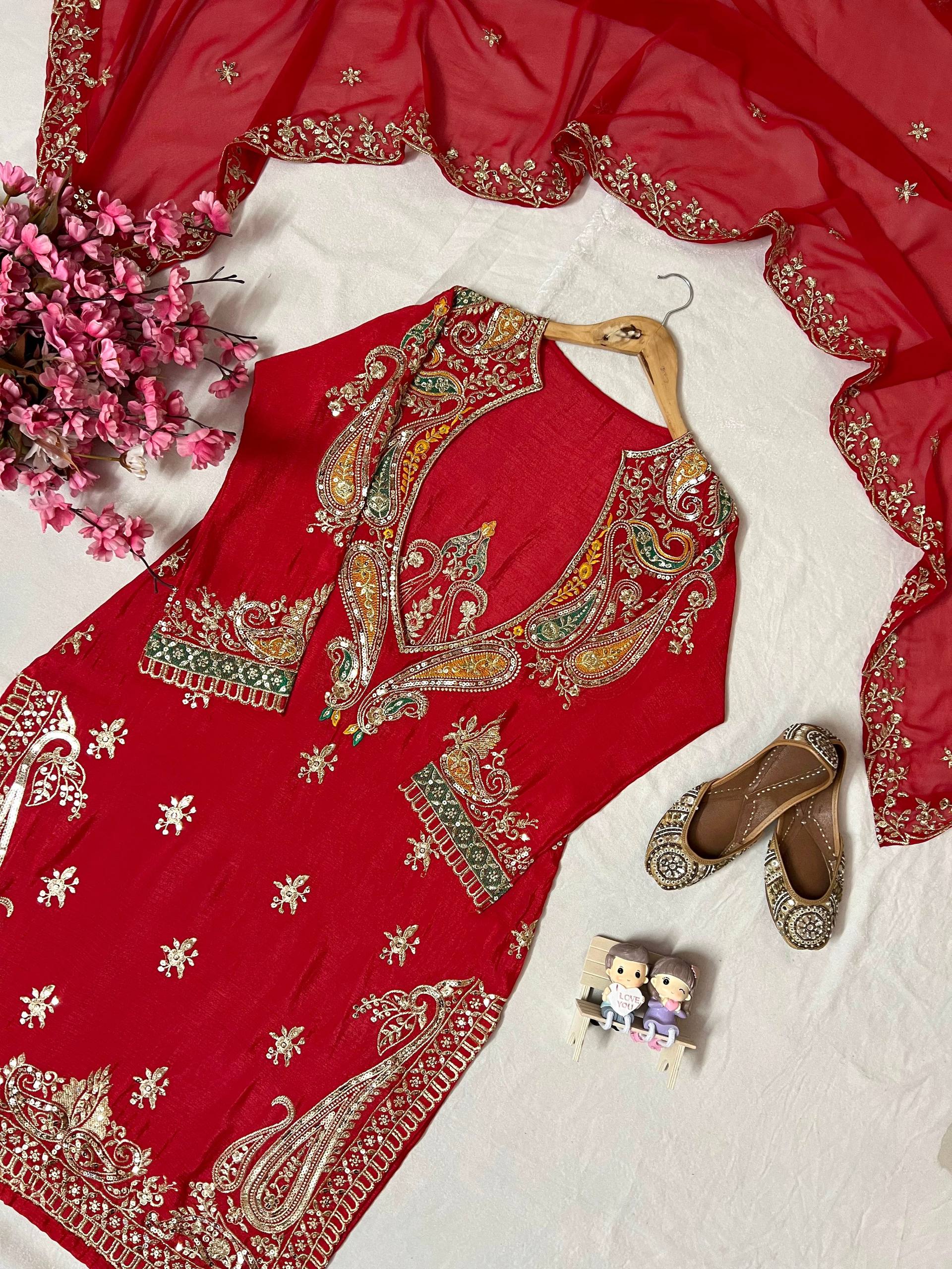 Premium Chinon Kurti, Blouse, Pant & Dupatta Set with Embroidery and Sequin Work