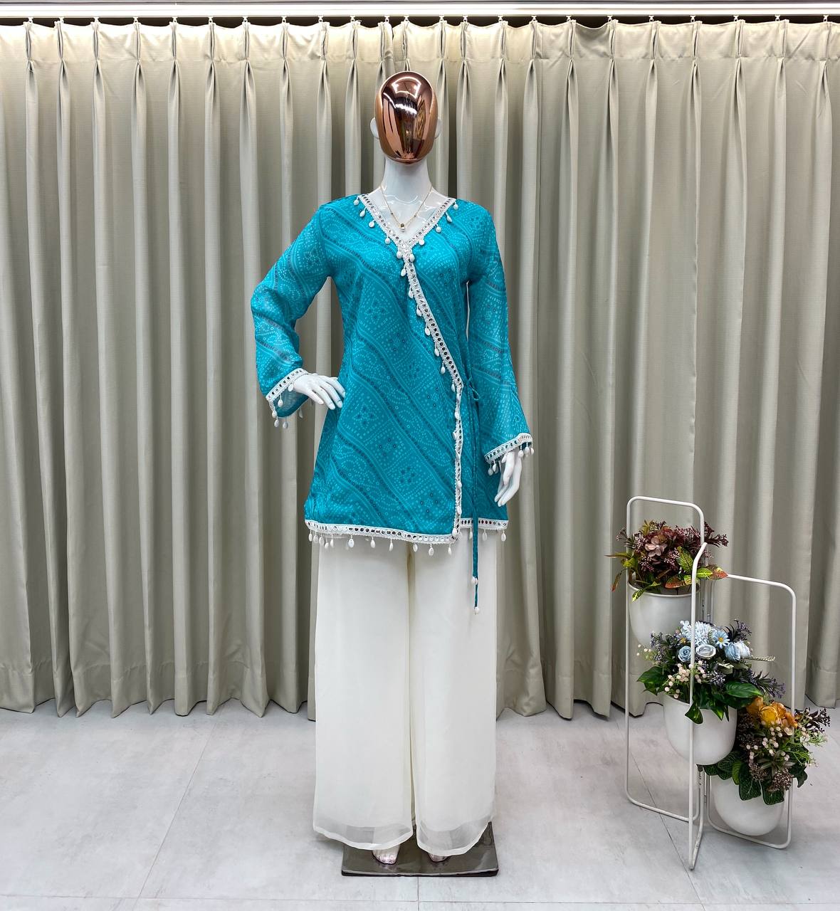 Bandhani Printed V Neck Angrakha Tunic with Solid Sharara