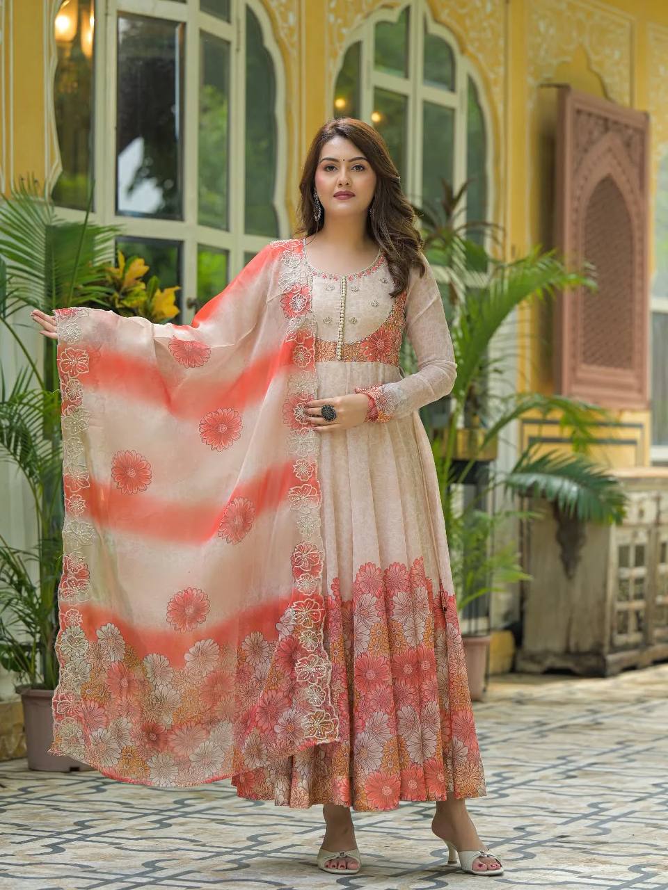 Designer Tebby Organza Gown Set with Embroidery, Digital Print & Dupatta