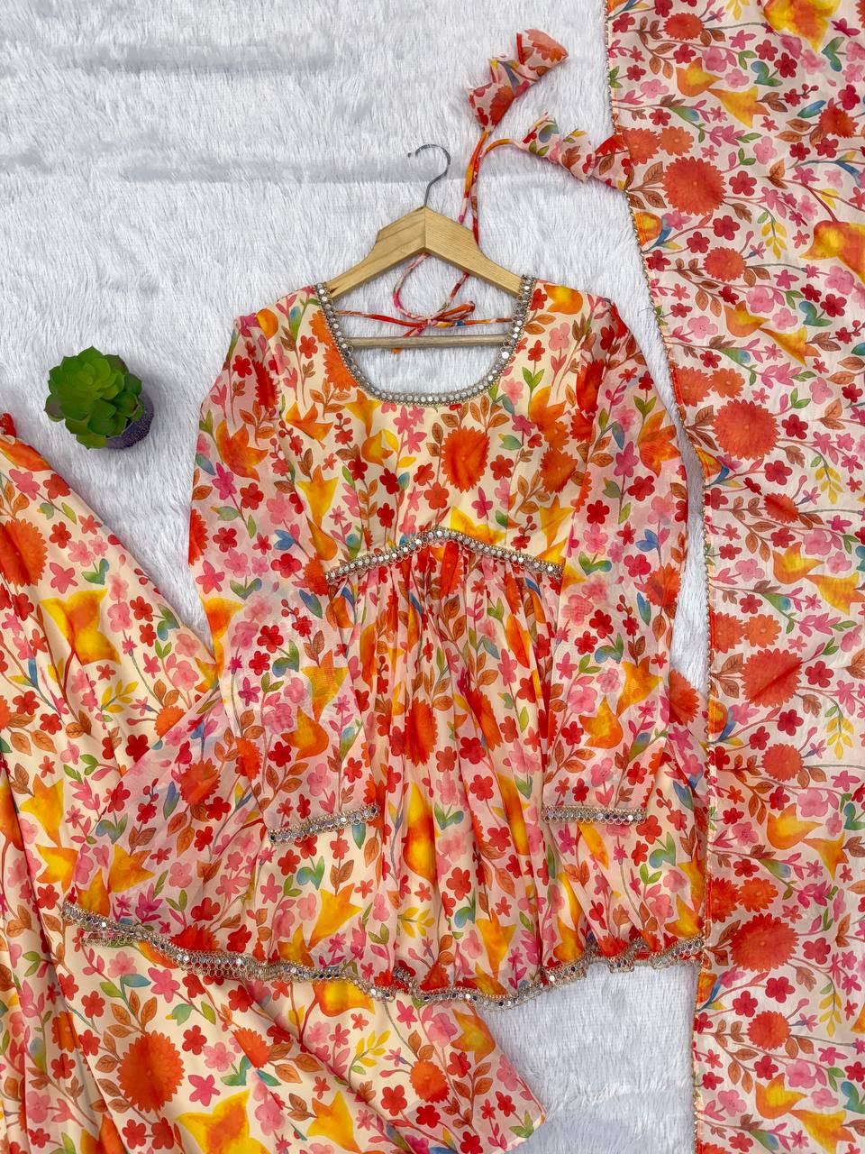 Designer Taby Organza Kediya Kurta Set with Palazzo & Dupatta – Floral Print & Mirror Lace