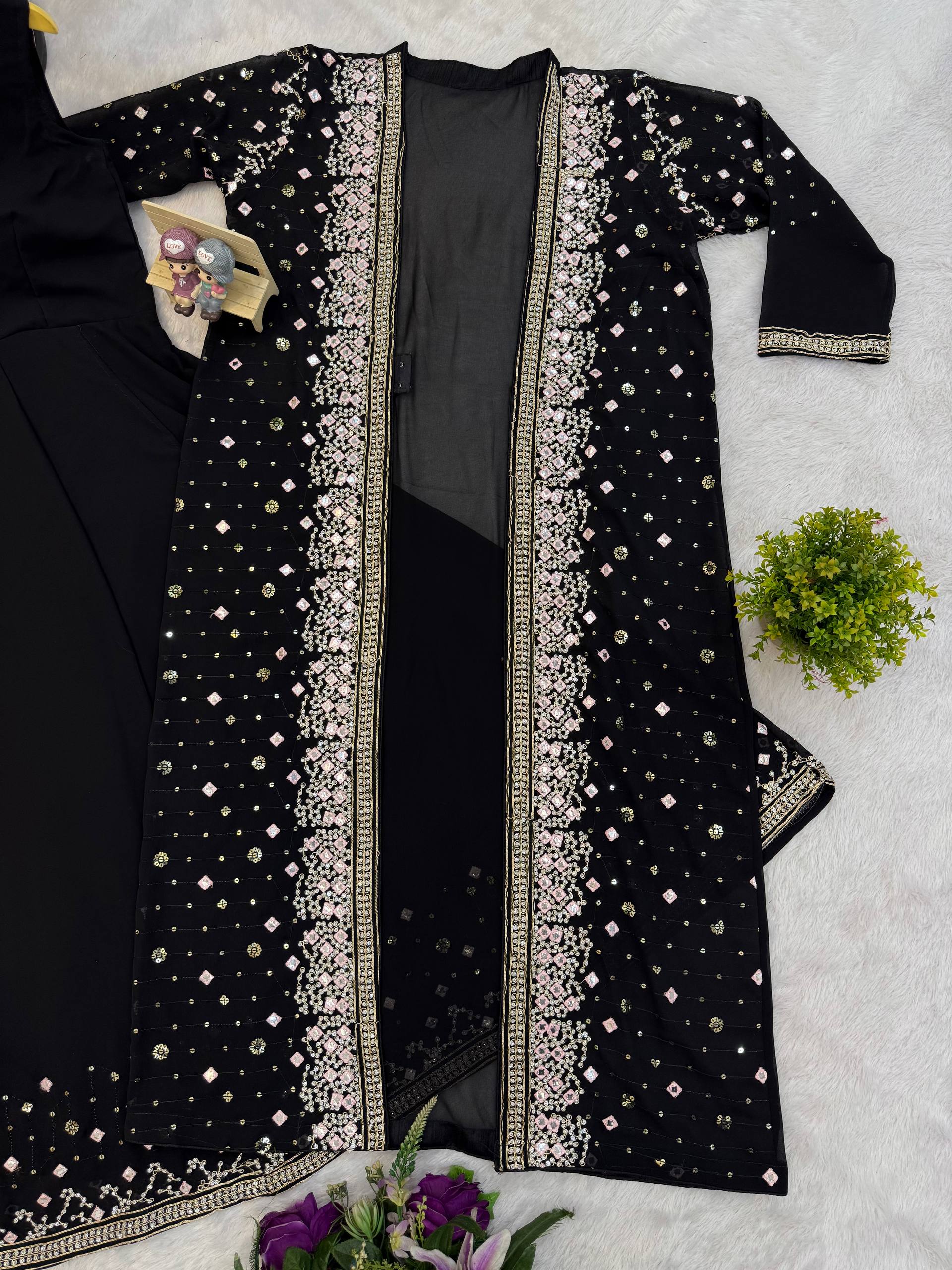 Designer Faux Georgette Gown, Koti & Dupatta Set – Embroidery & Crystal Stone Work