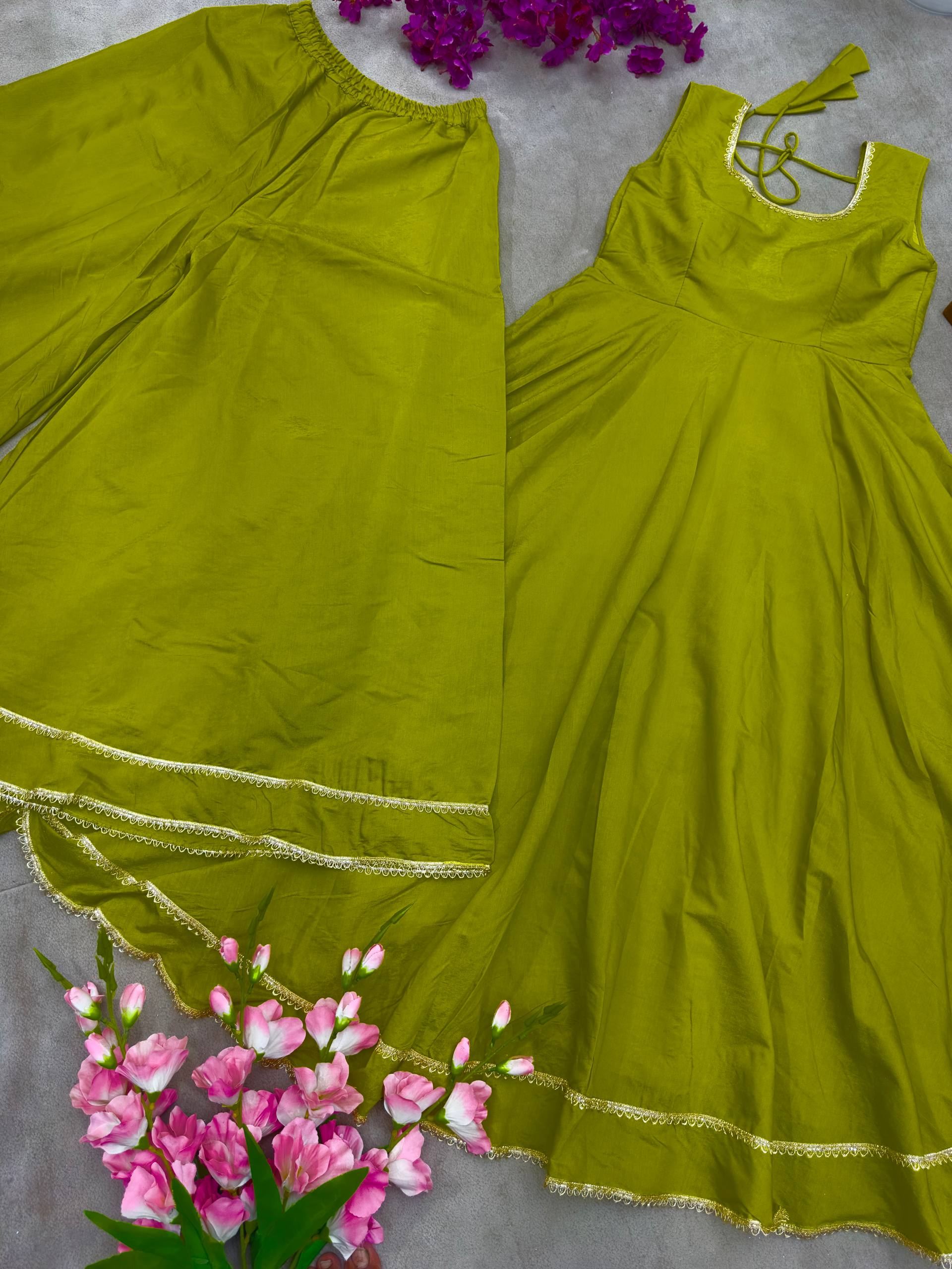 Designer Mehndi Color Roman Simmer Silk Top, Plazzo & Dupatta Set – Embroidery & Gota Lace Work