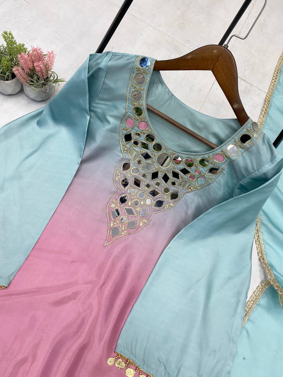 Exclusive 3-Piece Plazzo Set with Dupatta – Printed Crape Silk & Mirror Embroidery Work